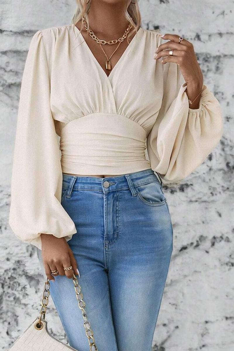 Women's Elegant V Neck Blouse with Ruched Waist and Balloon Sleeves – Fitted Long Sleeve Top for Office and Smart Casual Wear