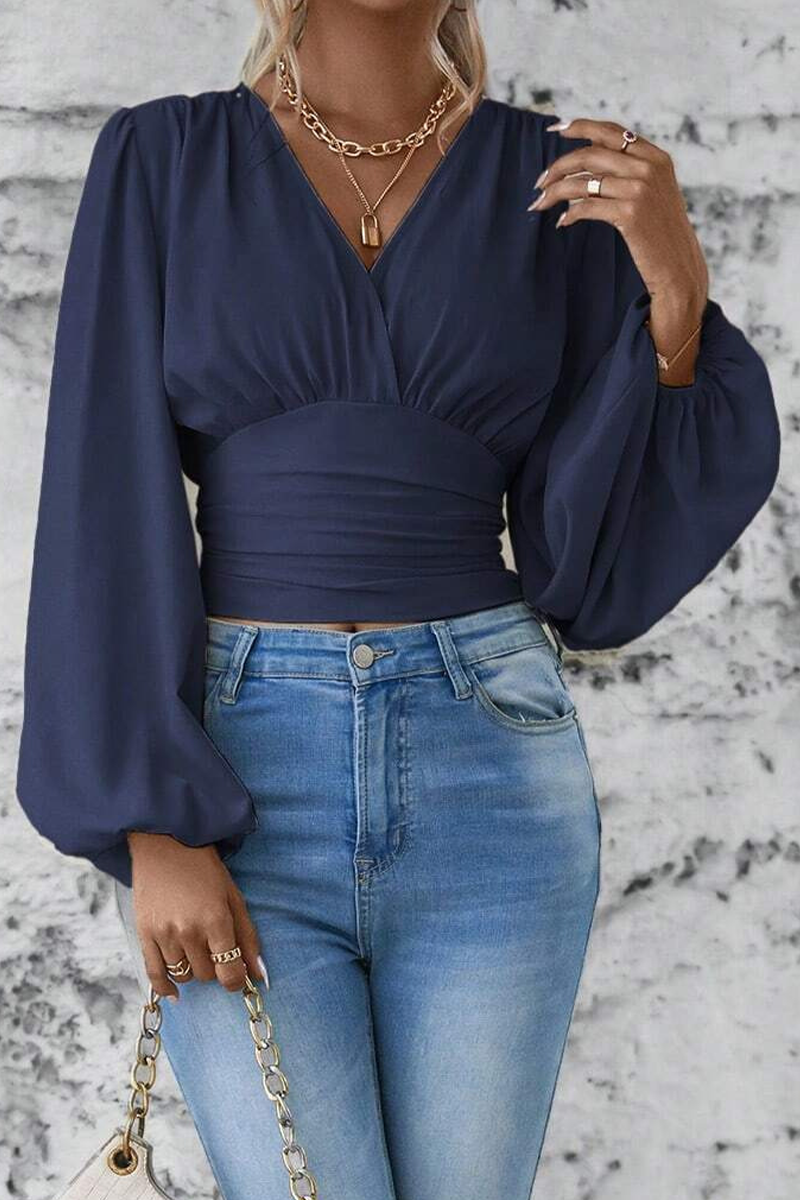 Women's Elegant V Neck Blouse with Ruched Waist and Balloon Sleeves – Fitted Long Sleeve Top for Office and Smart Casual Wear