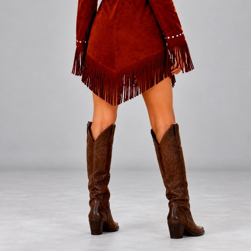 Annie - Women's Studded Lapel Fringe Hem Dress