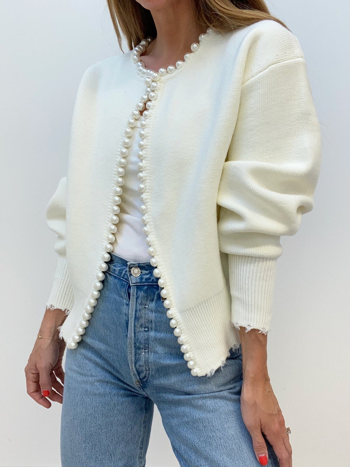Women's Elegant Pearl Embellished Knitted Cardigan with Ribbed Cuffs – Open Front Relaxed Fit Layer for Autumn and Winter Smart Casual Wear