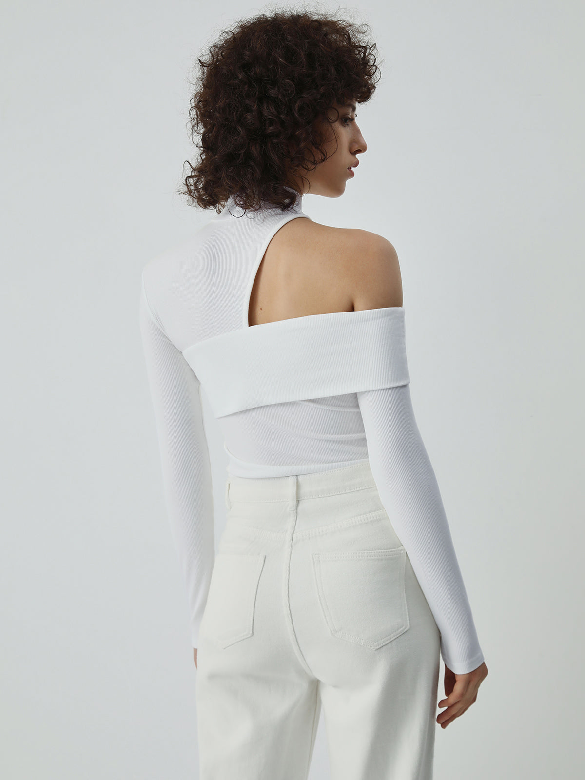 Women’s Ribbed Mock-Neck Top with Asymmetric Shoulder Cut-Out – Fitted Long Sleeves and Foldover Detail for Evening Styling