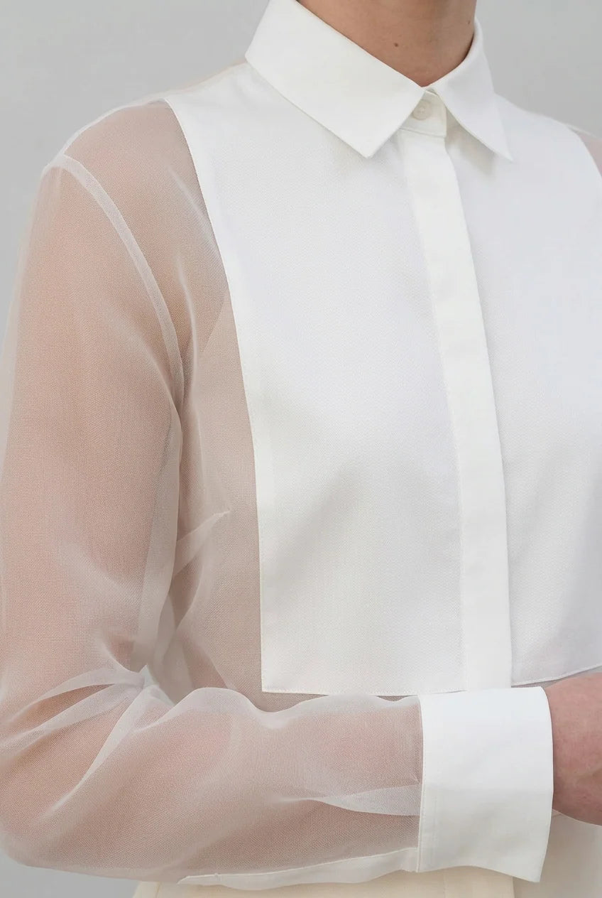 Women's Elegant Sheer Organza Puff Sleeve Blouse with Classic High Collar and Wide Buttoned Cuffs – Sophisticated Long Sleeve Formal Top with Relaxed Fit for Smart Casual Office Wear and Evening Occasions