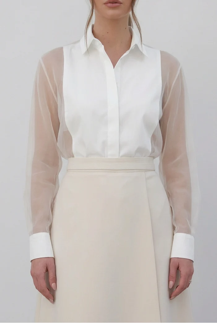 Women's Elegant Sheer Organza Puff Sleeve Blouse with Classic High Collar and Wide Buttoned Cuffs – Sophisticated Long Sleeve Formal Top with Relaxed Fit for Smart Casual Office Wear and Evening Occasions