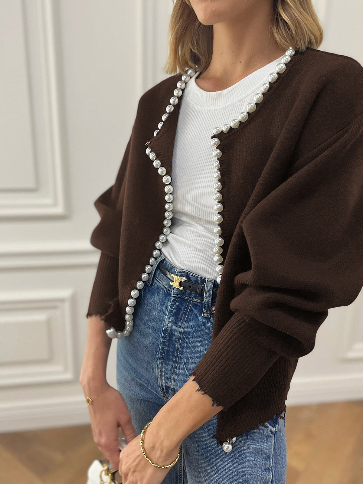Women's Elegant Pearl Embellished Knitted Cardigan with Ribbed Cuffs – Open Front Relaxed Fit Layer for Autumn and Winter Smart Casual Wear