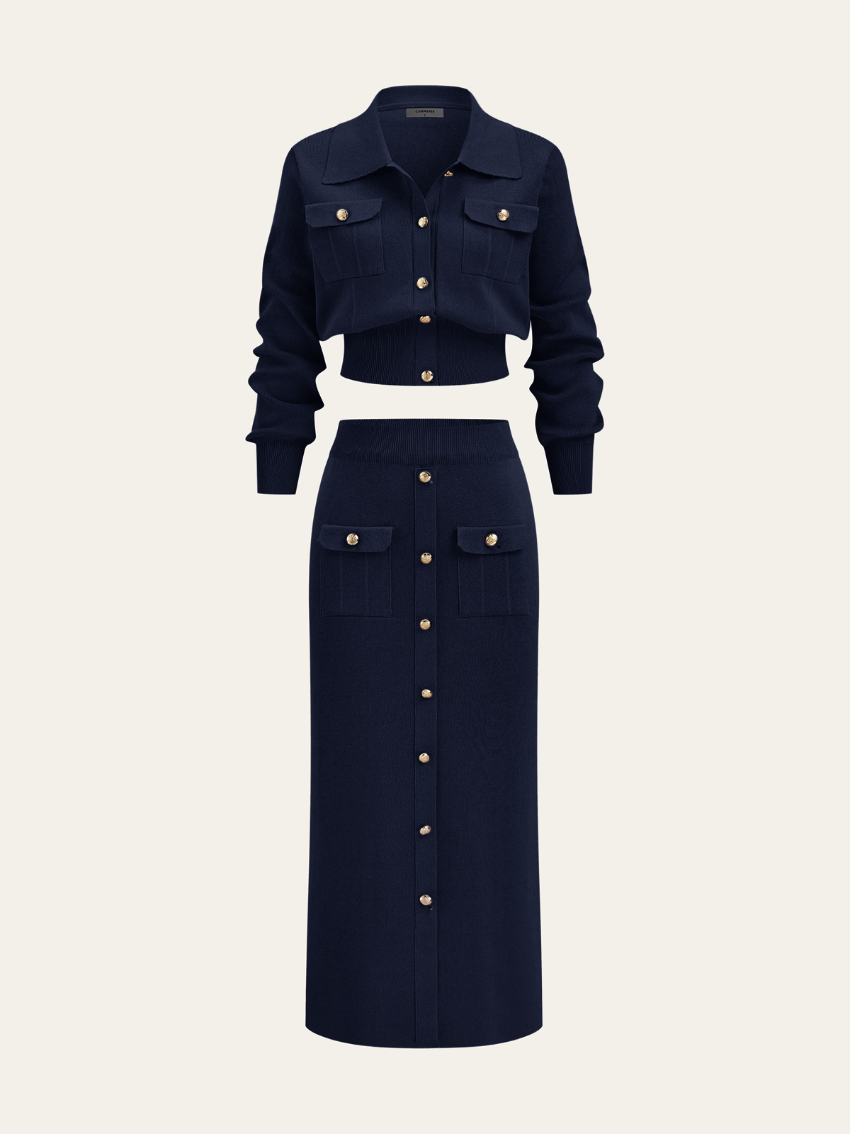 Women’s Collared Knit Cardigan and Button Front Midi Skirt Set – Elegant Two-Piece Outfit for Office and Autumn Wear