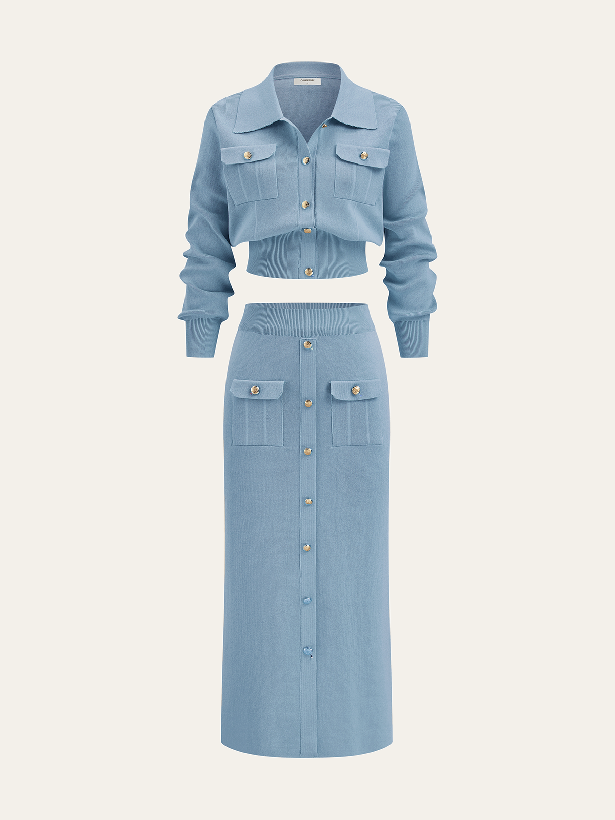Women’s Collared Knit Cardigan and Button Front Midi Skirt Set – Elegant Two-Piece Outfit for Office and Autumn Wear