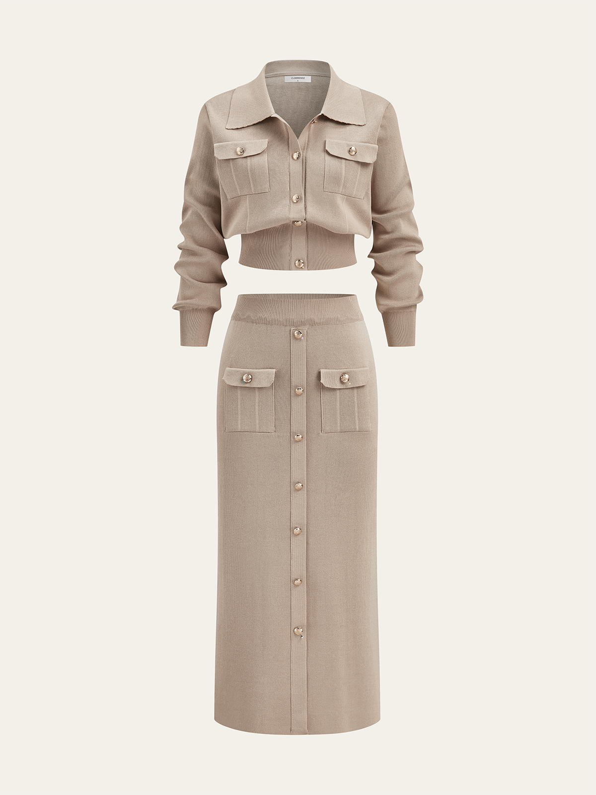 Women’s Collared Knit Cardigan and Button Front Midi Skirt Set – Elegant Two-Piece Outfit for Office and Autumn Wear