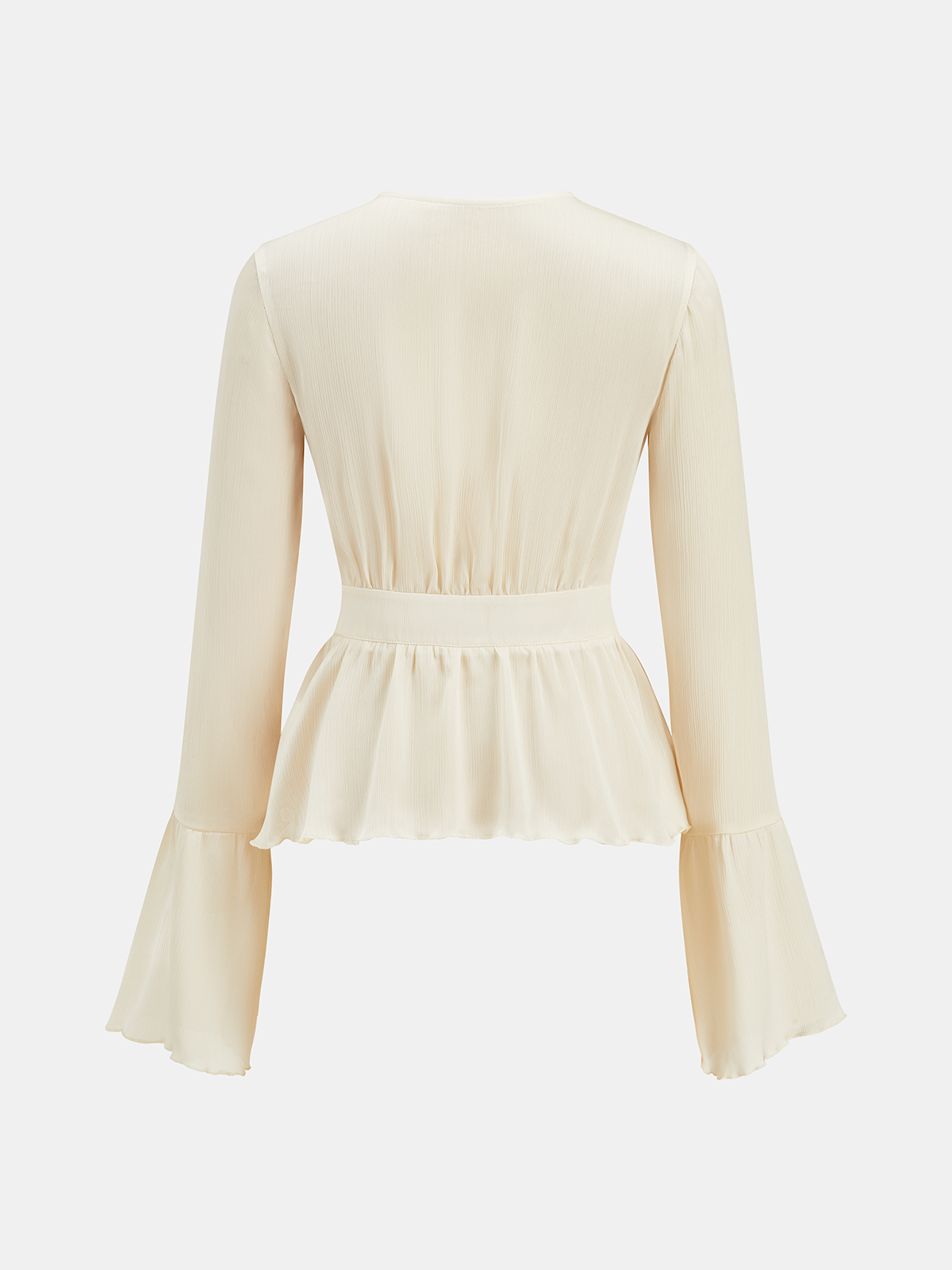 Women's Elegant Semi Sheer Peplum Blouse with Flared Cuffs – Textured Button Front Long Sleeve Top for Smart Casual and Evening Wear