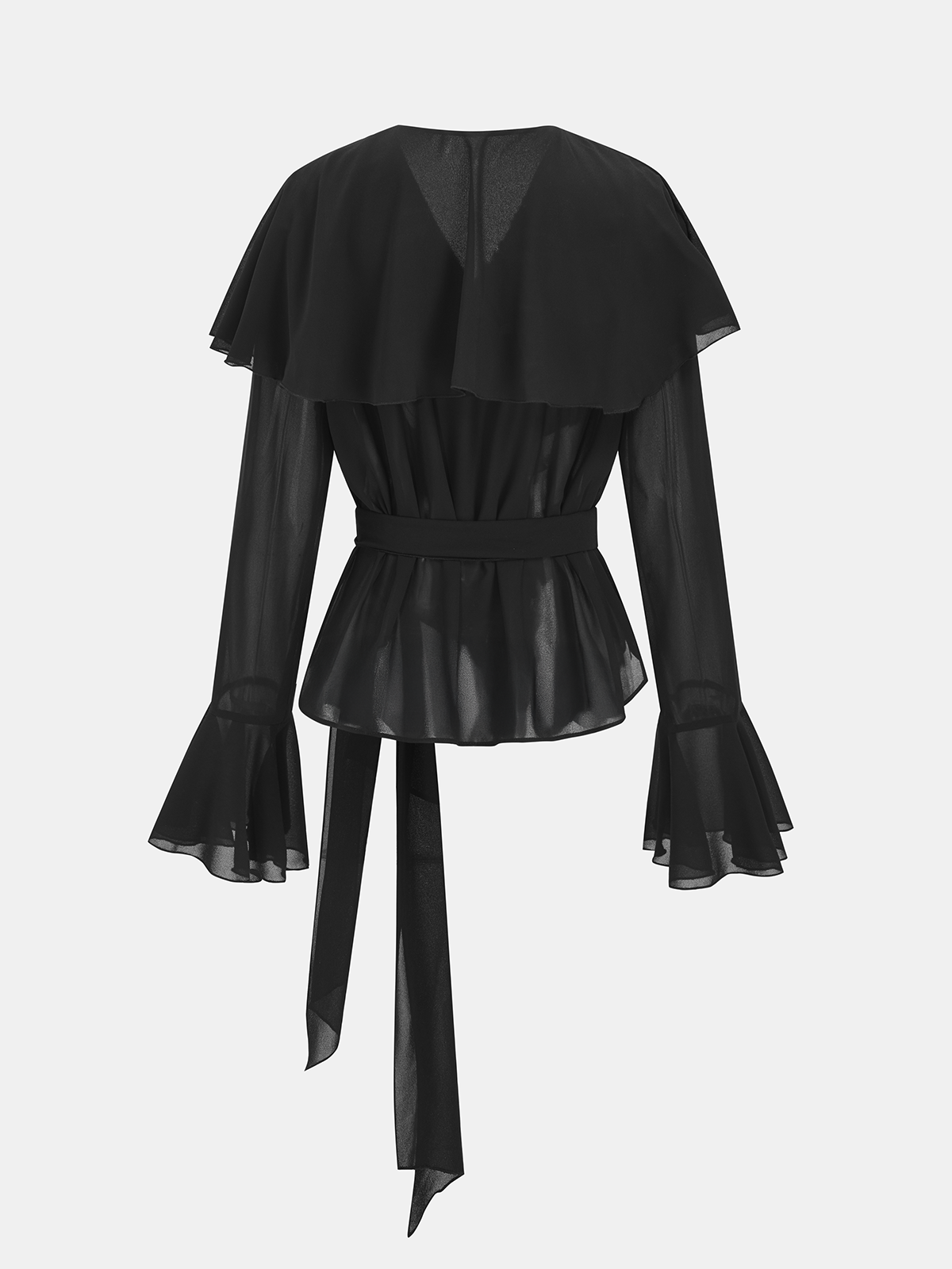 Women's Elegant Ruffled Chiffon Blouse with Tie Waist and Flared Cuffs – Sheer Long Sleeve Top for Evening and Smart Casual Wear