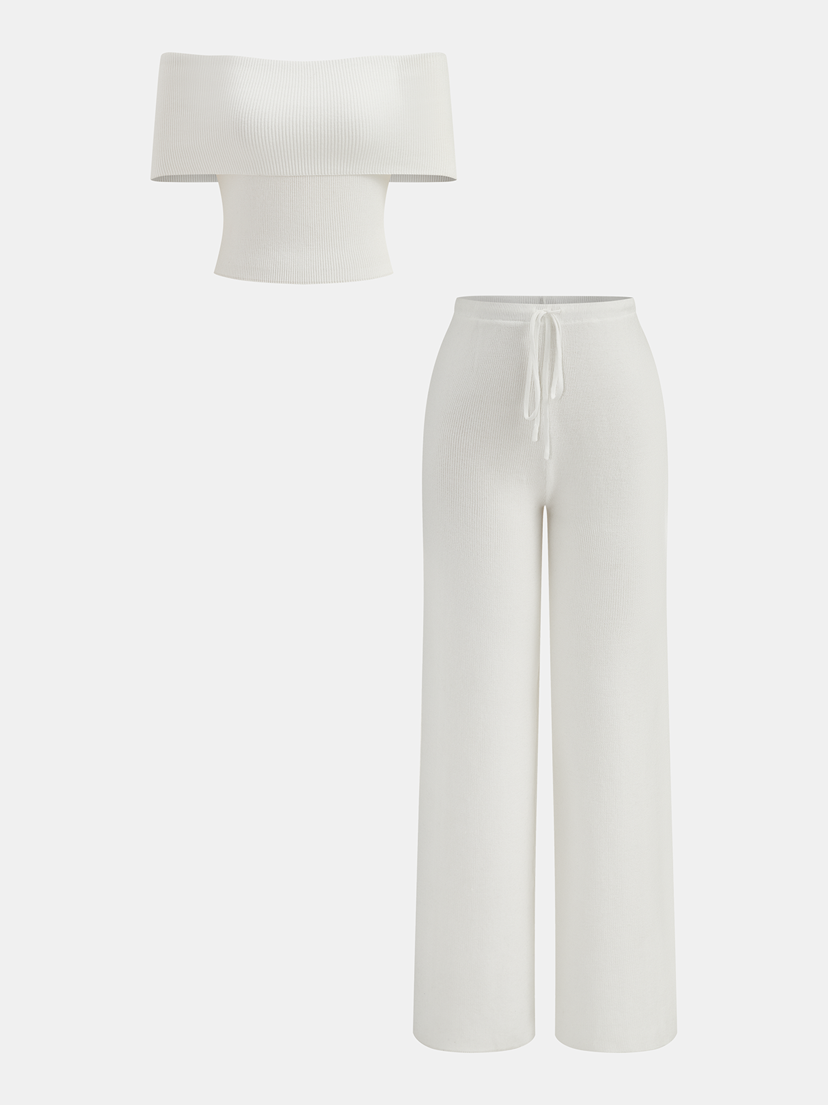 Women’s Ribbed Knit Off-Shoulder Top and Wide Leg Trouser Set – Soft Stretch Two-Piece Loungewear for Relaxed Everyday Dressing