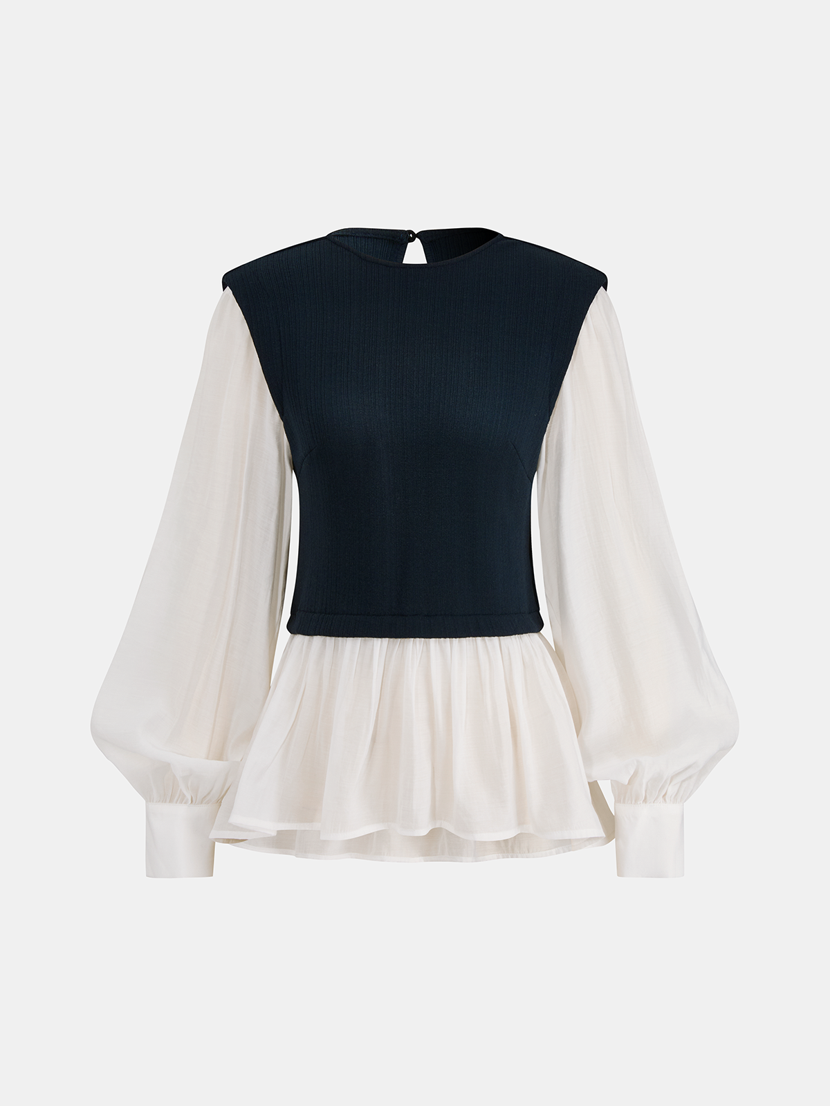 Women's Elegant Layered Peplum Blouse with Balloon Sleeves – Ribbed Fitted Bodice for Smart Casual and Office Wear