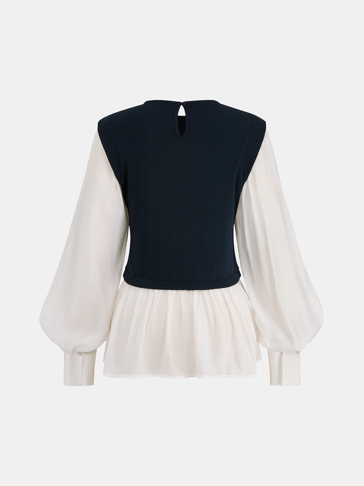 Women's Elegant Layered Peplum Blouse with Balloon Sleeves – Ribbed Fitted Bodice for Smart Casual and Office Wear