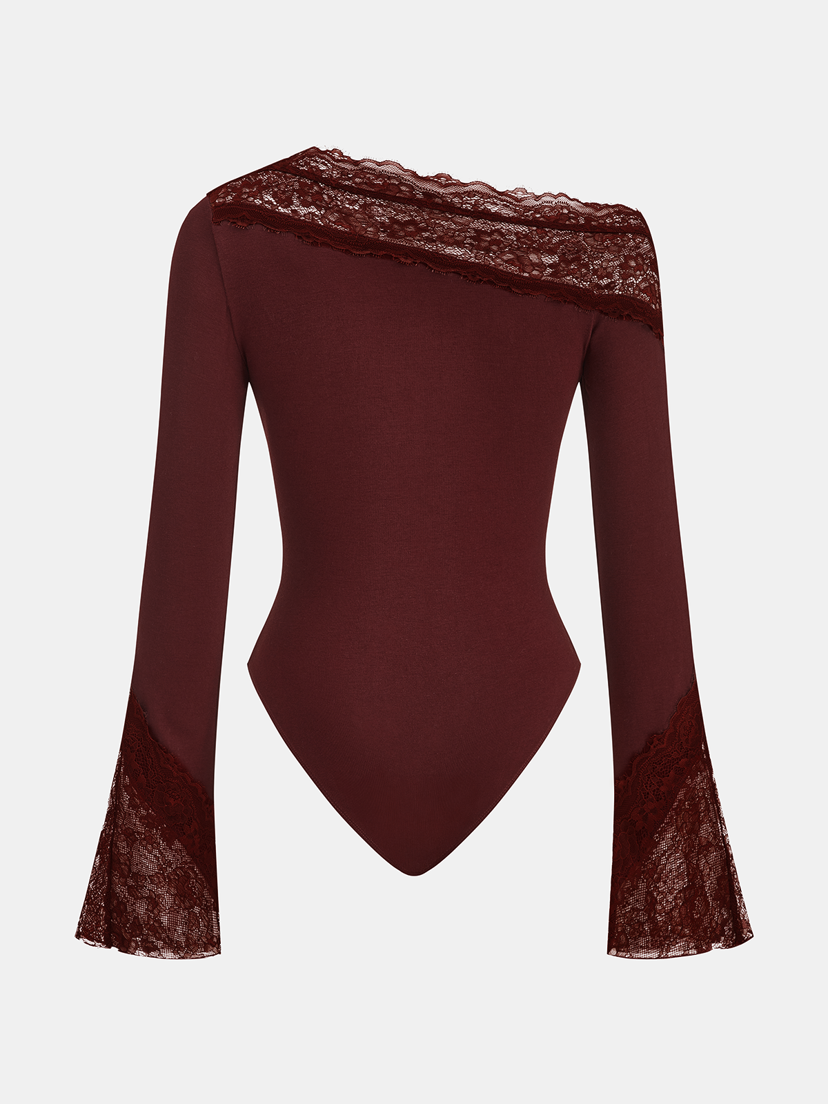 Women's Elegant Asymmetric Off Shoulder Bodysuit with Lace Flared Sleeves – Fitted Stretch Jersey Top for Evening and Smart Casual Wear