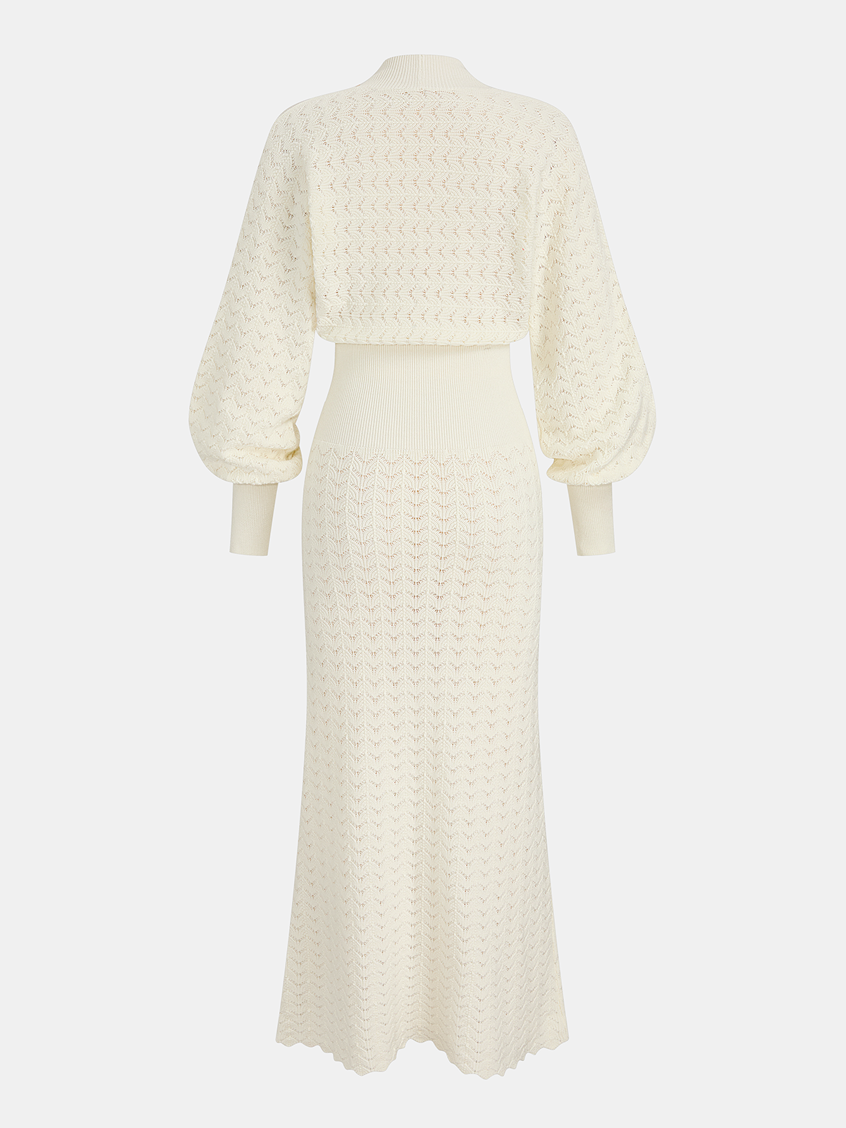 Women's Pointelle Knit Maxi Dress with Bishop Sleeves – Soft V Neck Openwork Dress for Elegant Spring and Summer Wear