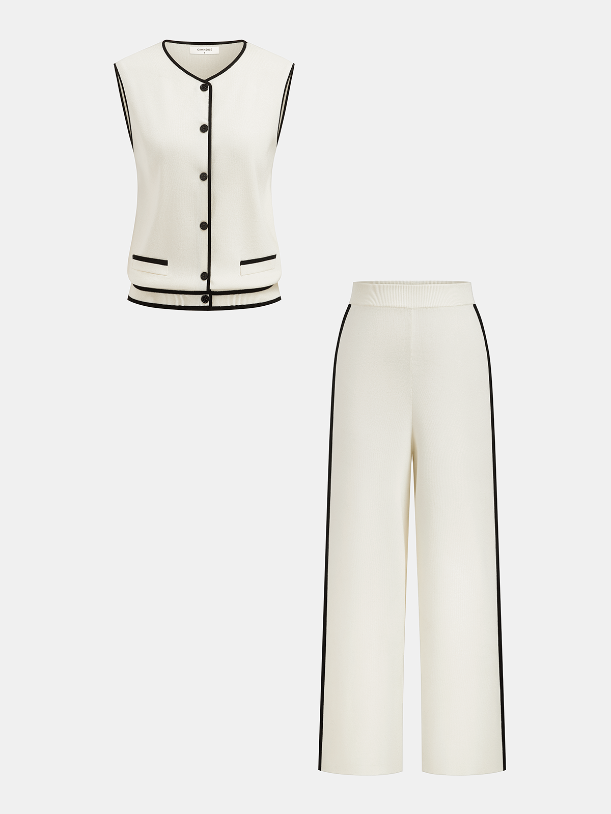 Women’s Knitted Button Front Waistcoat and Wide-Leg Trousers Two-Piece Set with Contrast Piping – Elegant Relaxed Fit for Everyday Smart Casual Wear