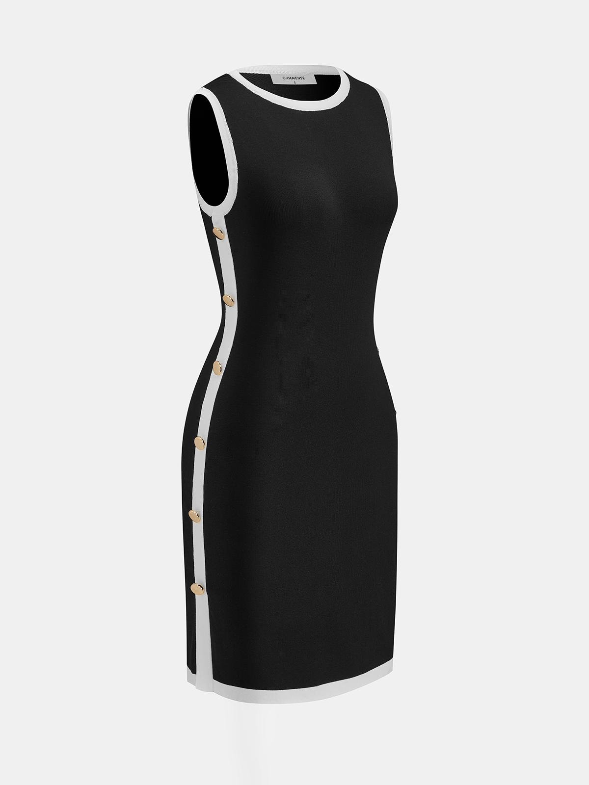 Women's Sleeveless Ribbed Knit Mini Dress – Fitted Crew Neck Bodycon Dress with Contrast Trim and Decorative Side Buttons for Elegant Summer Wear