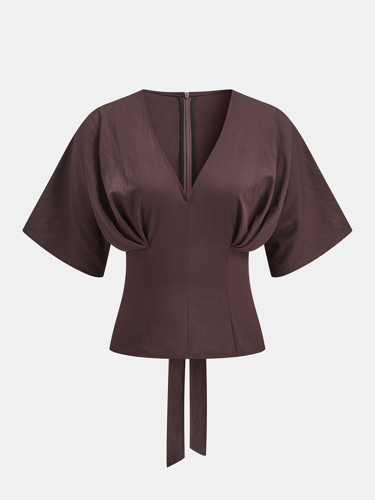 Women’s V-Neck Blouse with Short Dolman Sleeves – Draped Detail and Shaped Waist for Elegant Everyday Styling