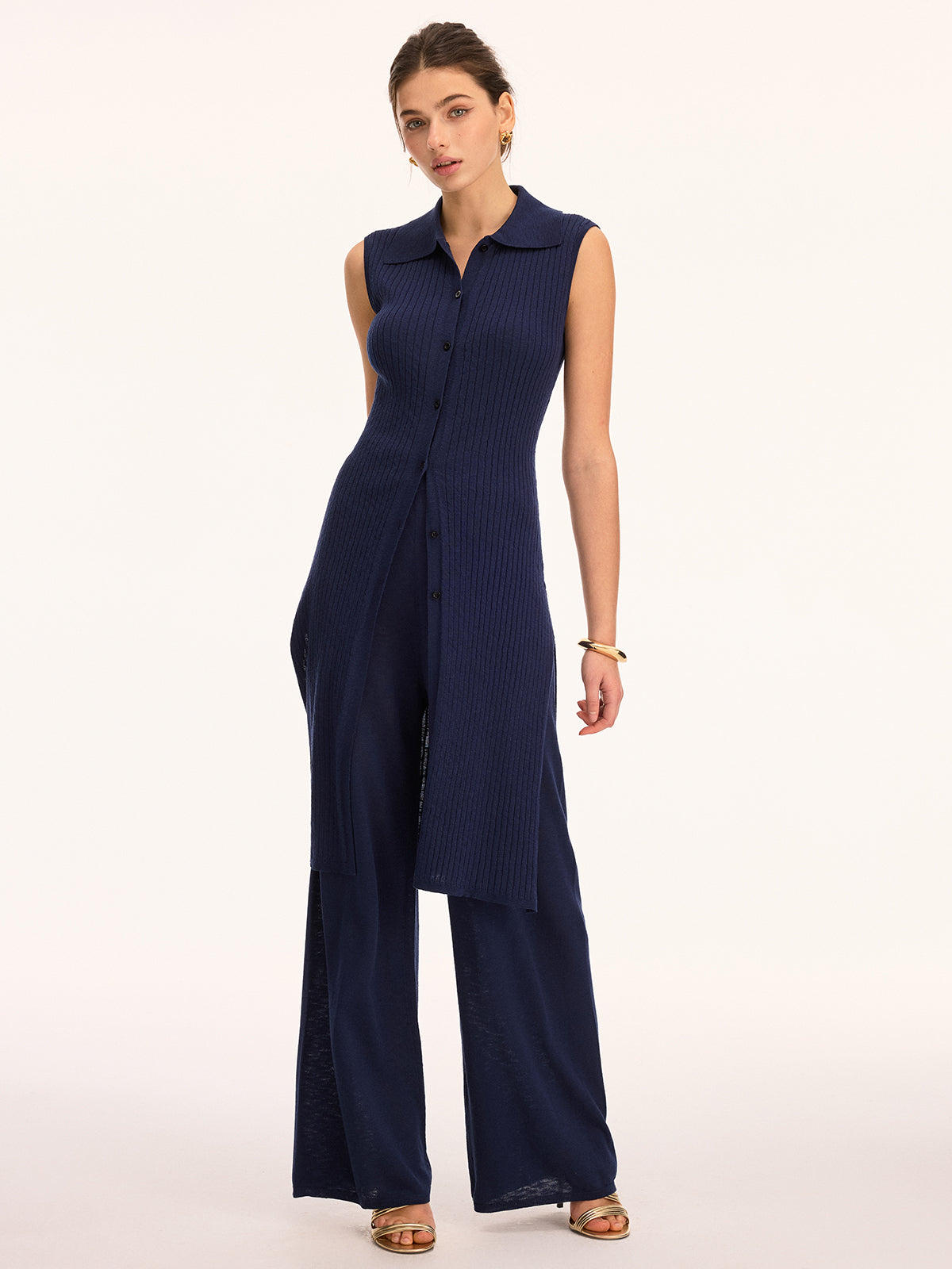 Women's Ribbed Knit Two-Piece Trouser Set – Sleeveless Longline Button Front Tunic and Wide Leg Trousers for Smart Casual Wear