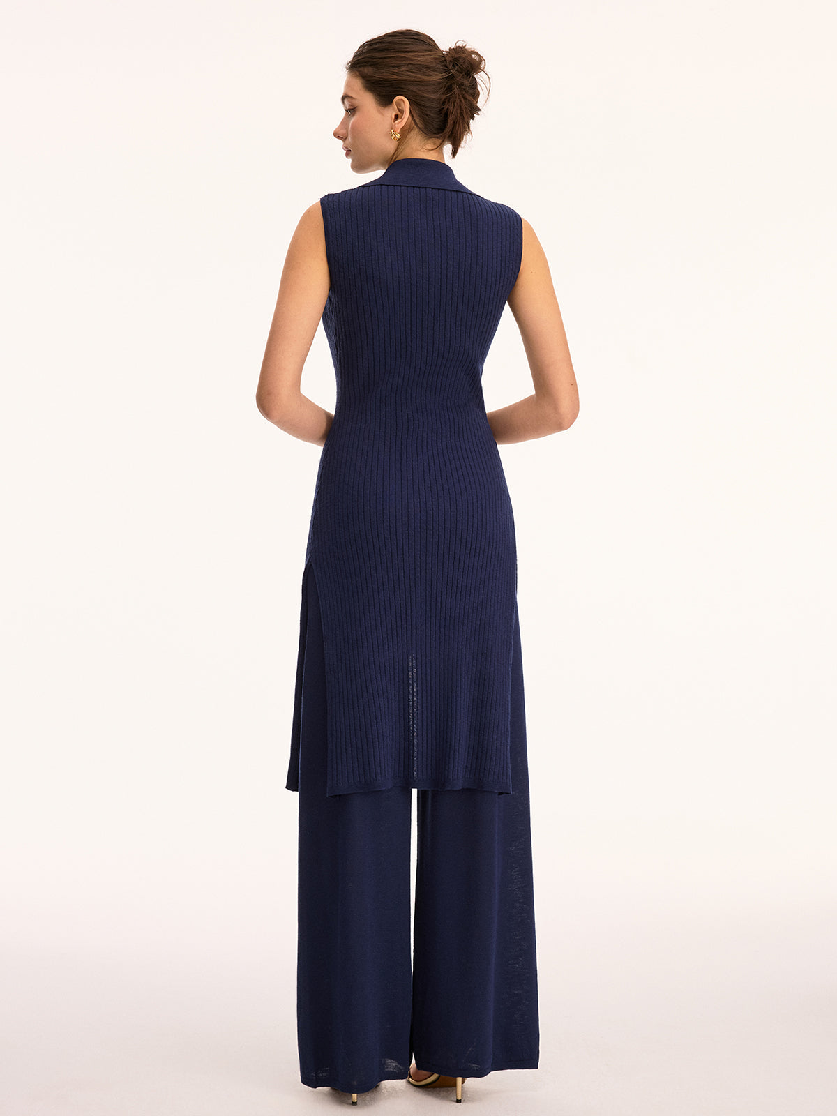 Women's Ribbed Knit Two-Piece Trouser Set – Sleeveless Longline Button Front Tunic and Wide Leg Trousers for Smart Casual Wear