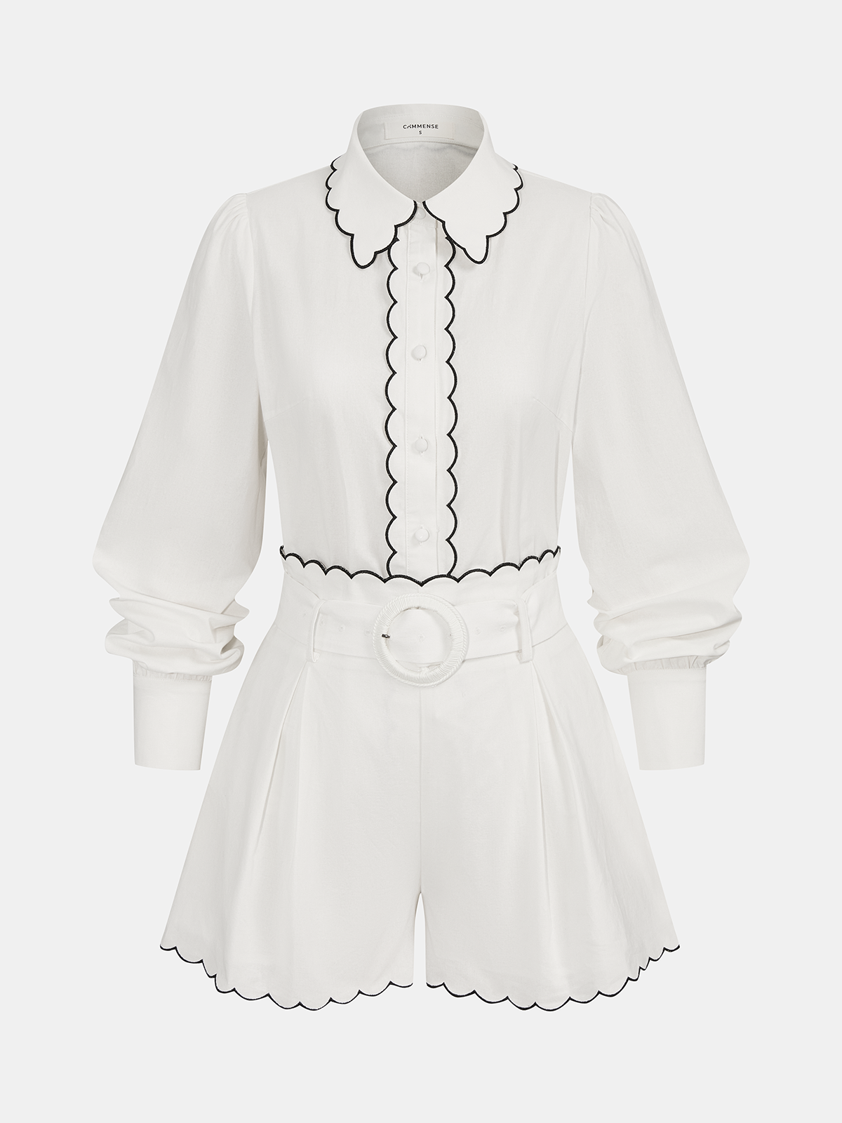 Women's Cotton Scallop Trim Two-Piece Summer Set – Puff Sleeve Button Front Blouse and High Waisted Tailored Shorts for Smart Casual Wear