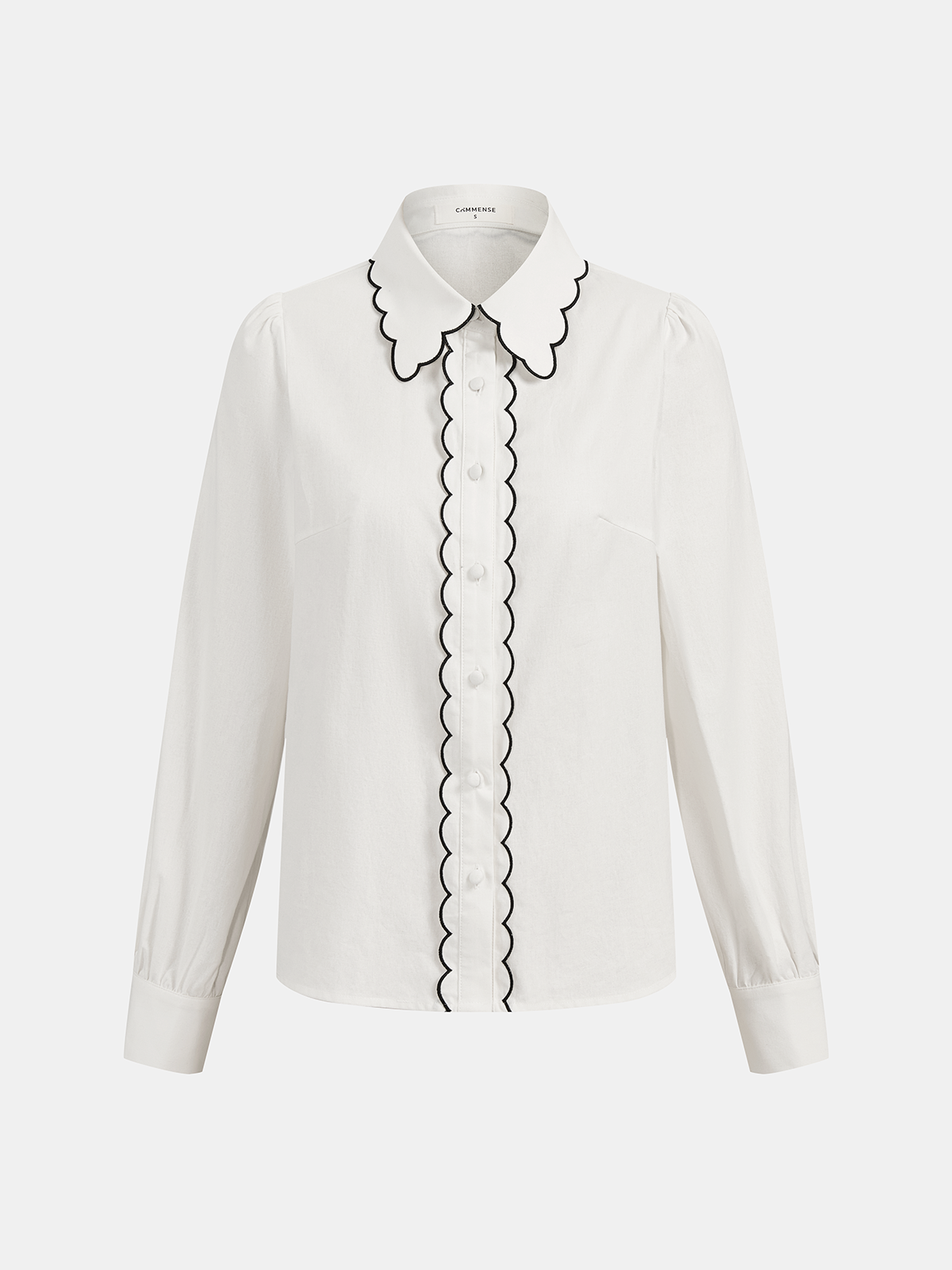 Women's Cotton Scallop Trim Two-Piece Summer Set – Puff Sleeve Button Front Blouse and High Waisted Tailored Shorts for Smart Casual Wear