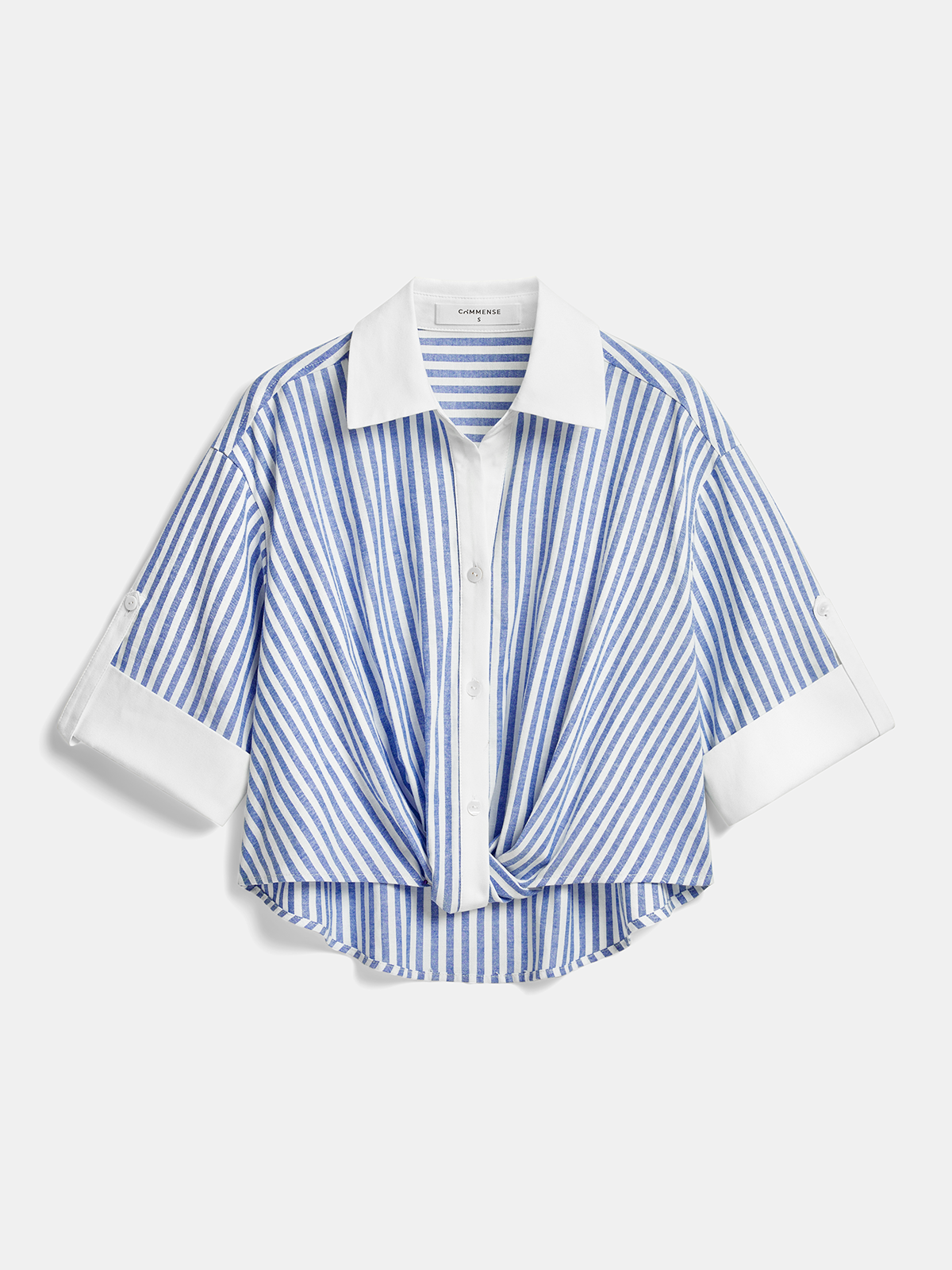 Women’s Striped Twist-Front Shirt with Short Sleeves – Relaxed Cropped Fit with Contrast Collar and Turn-Up Cuffs