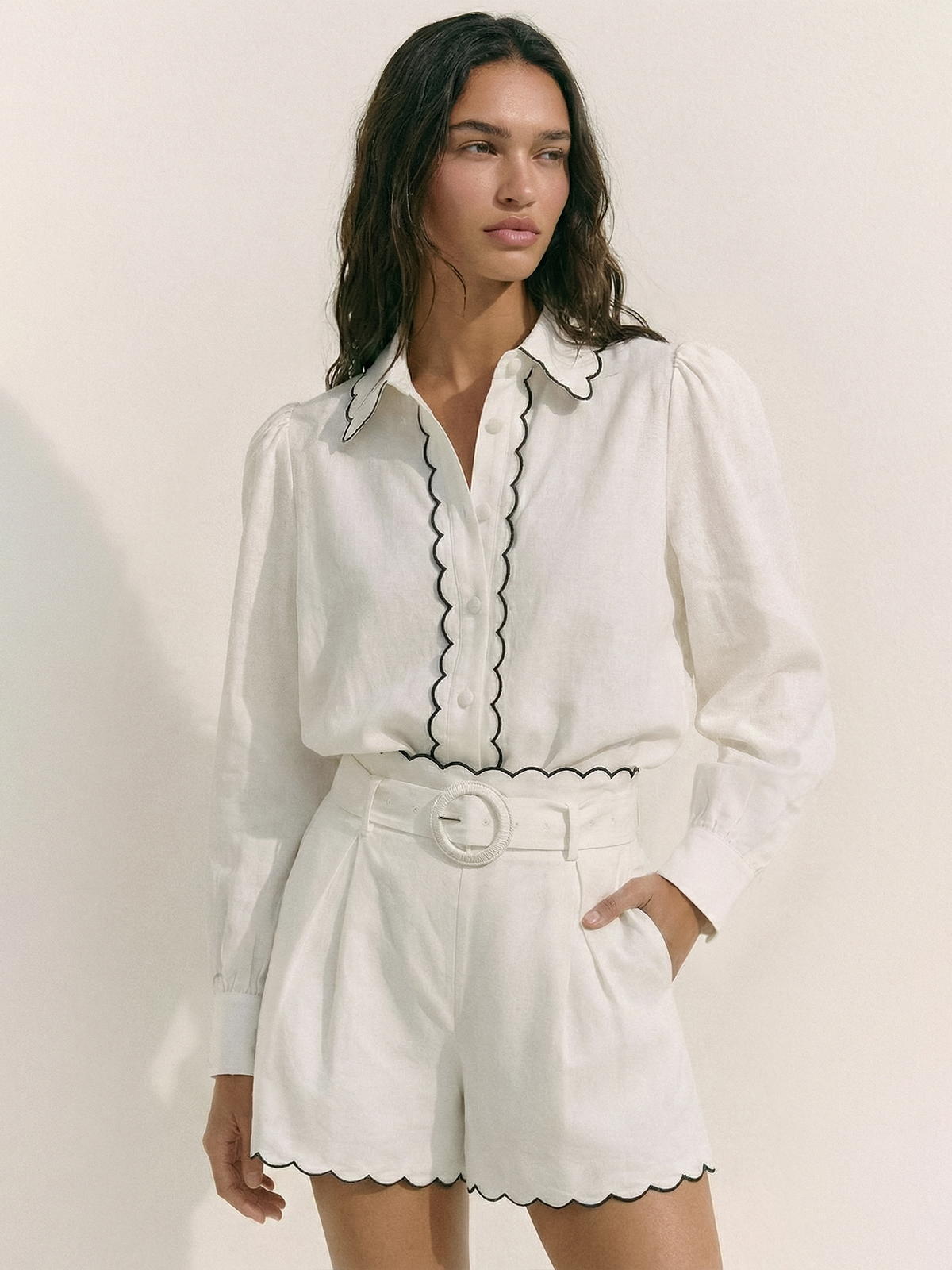 Women's Cotton Scallop Trim Two-Piece Summer Set – Puff Sleeve Button Front Blouse and High Waisted Tailored Shorts for Smart Casual Wear