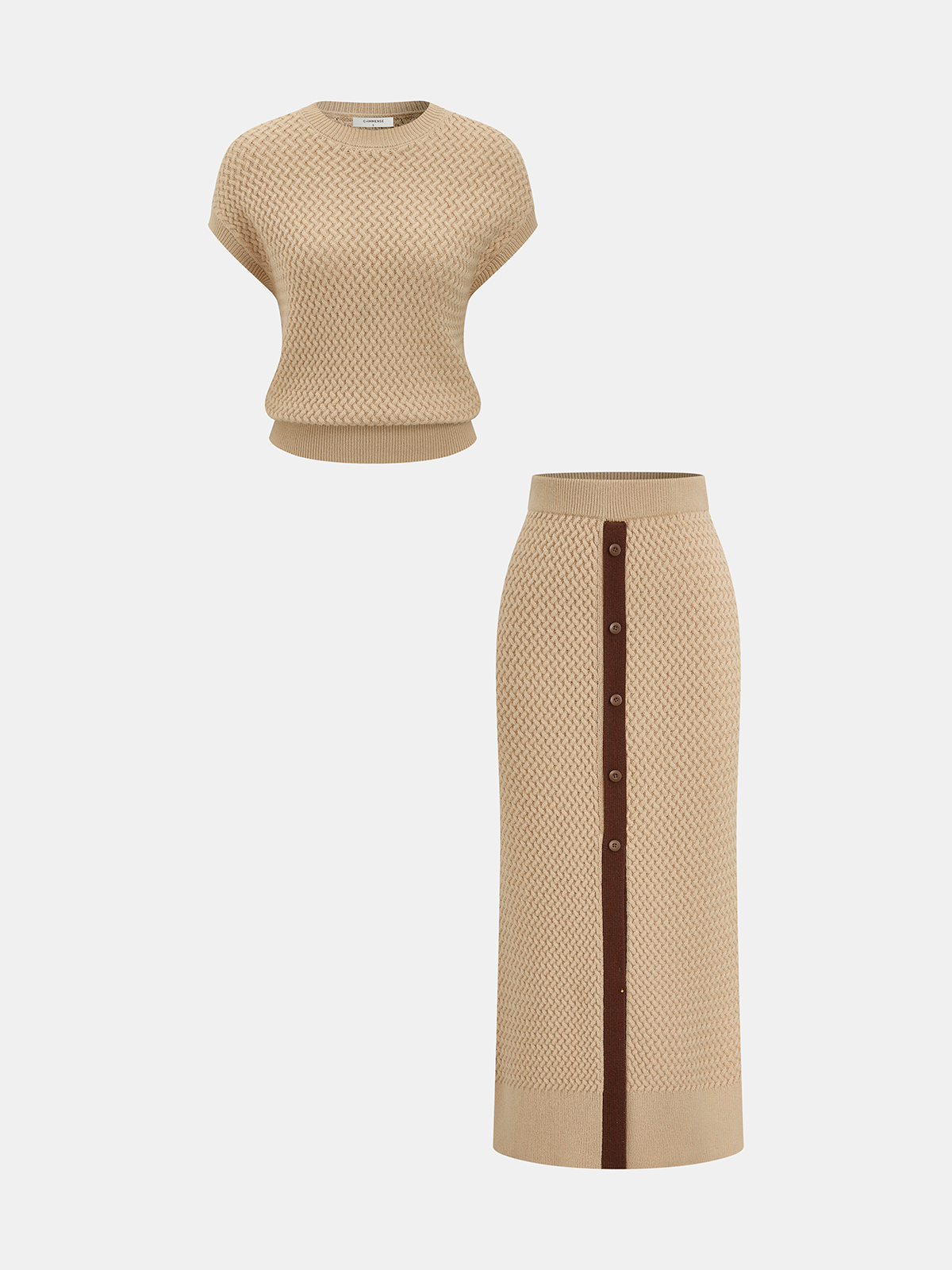 Women's Textured Wool Blend Knit Two-Piece Set – Cap Sleeve Jumper and Button Detail Midi Skirt for Smart Casual Wear