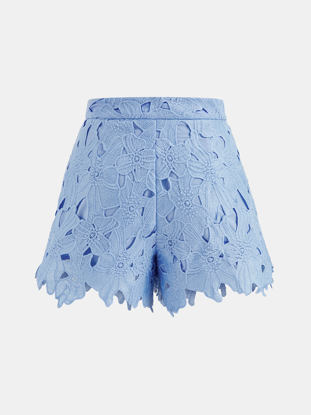 Women's Openwork Lace Two-Piece Summer Shorts Set – Cropped Short Sleeve Button Front Shirt with Scalloped Trim for Elegant Holiday Wear