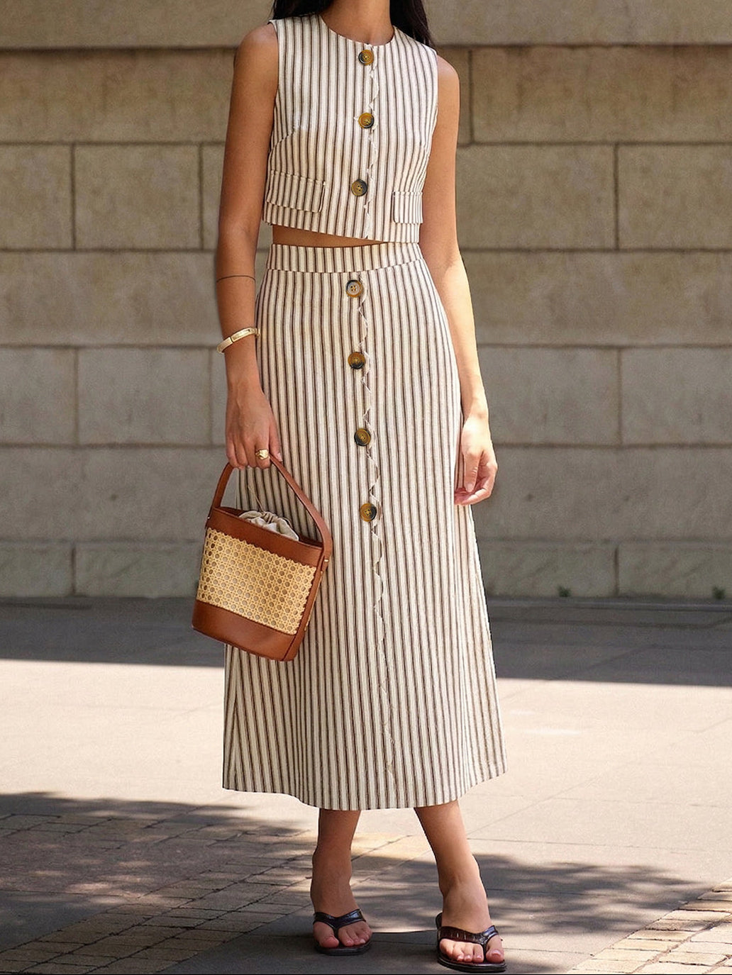 Women’s Sleeveless Cotton Button Front Vest and A-Line Midi Skirt Set – Elegant Cropped Two-Piece Summer Outfit for Smart Casual Wear