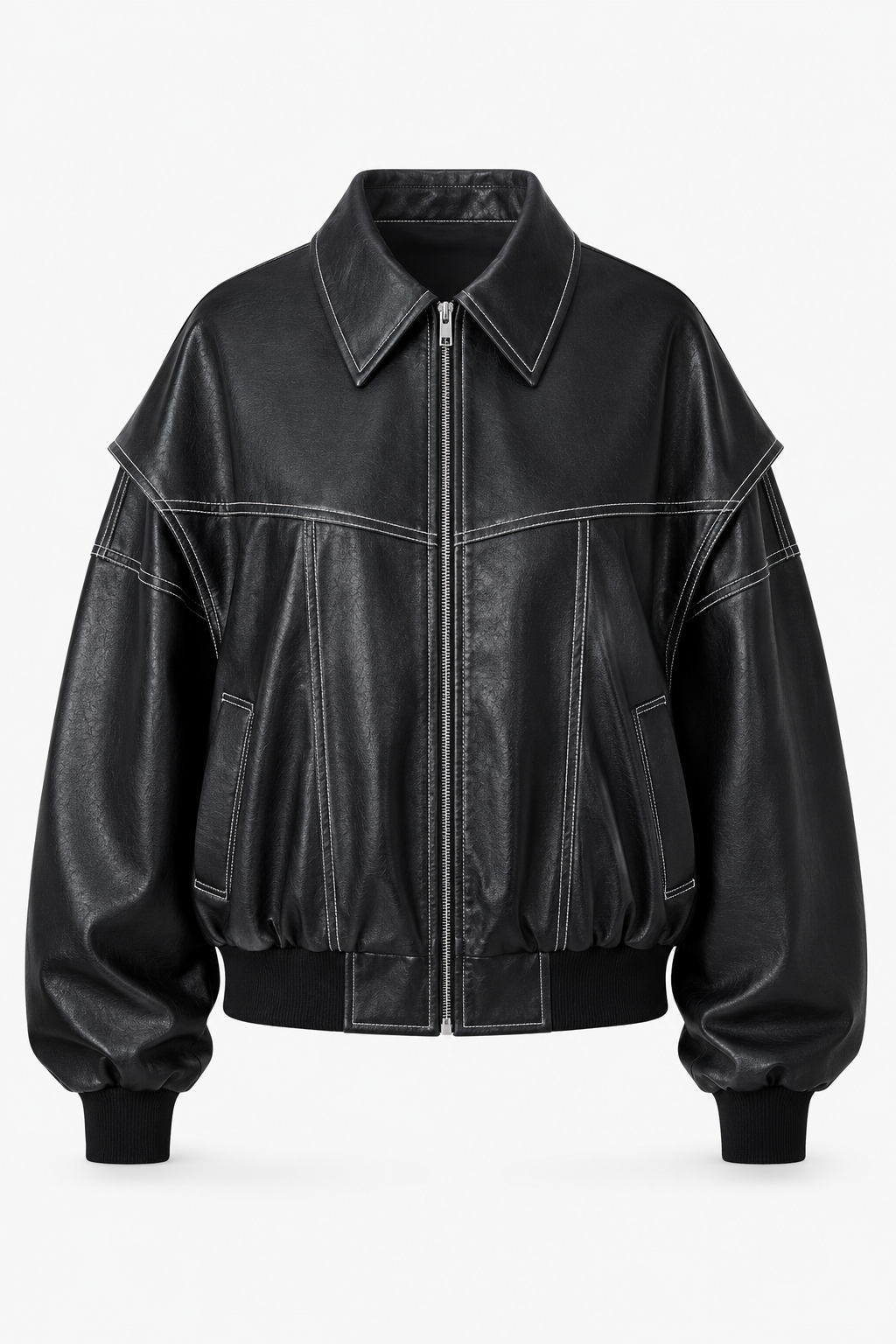 Women’s Oversized Leather-Look Bomber Jacket with Contrast Stitching and Zip Front – Relaxed Casual Streetwear Outerwear for Spring and Autumn