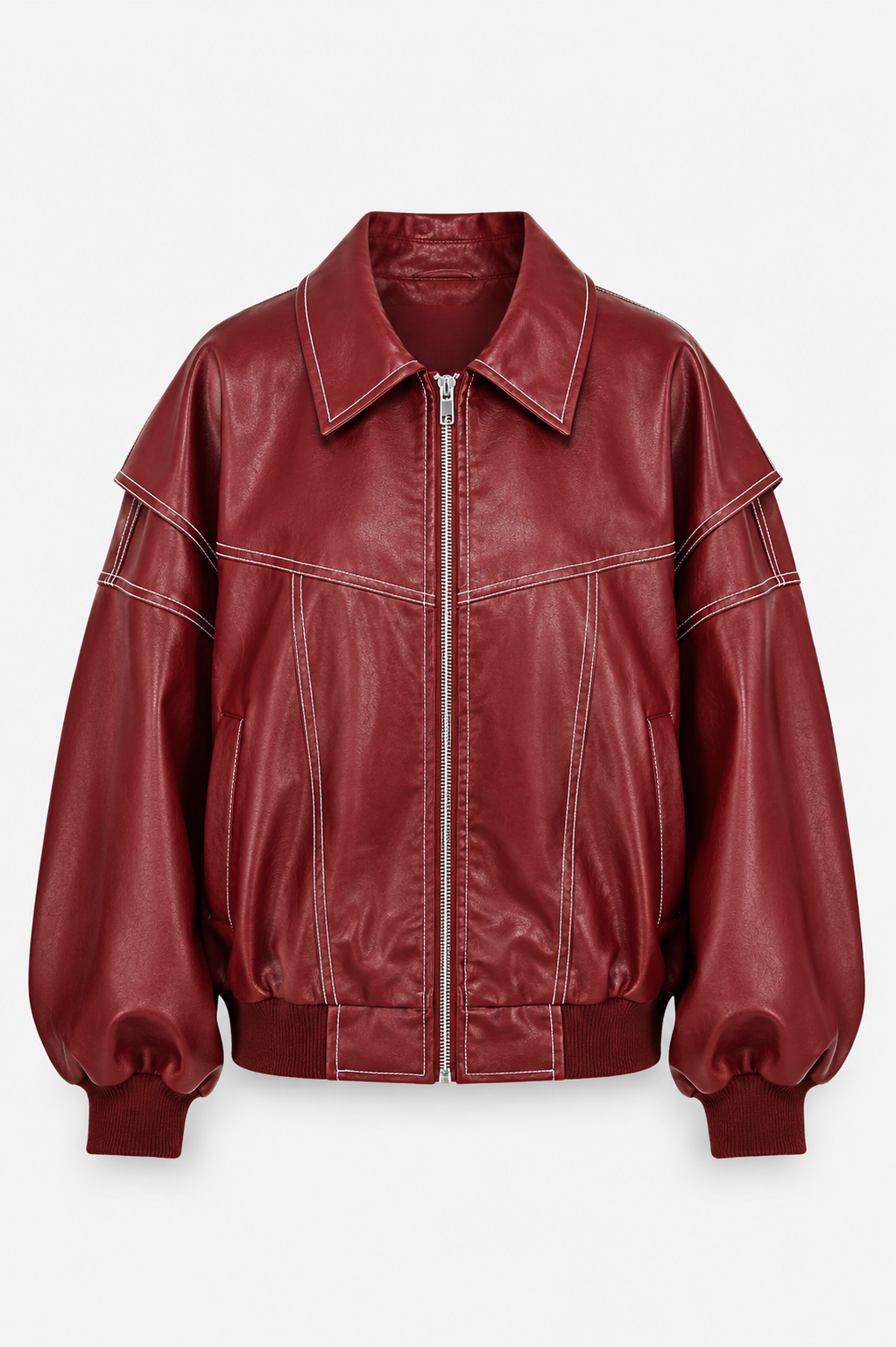 Women's Oversized Faux Leather Bomber Jacket with Contrast Stitching and Pointed Collar – Relaxed Fit Zip-Up Casual Outerwear with Ribbed Cuffs for Spring and Autumn Streetwear Fashion