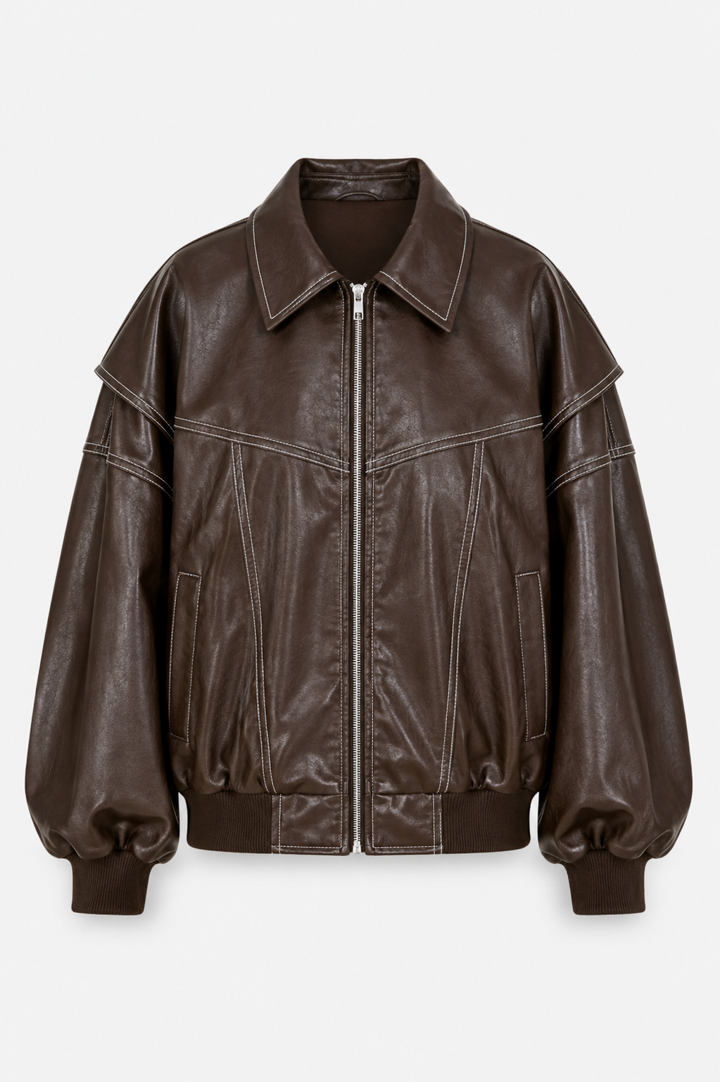 Women’s Oversized Leather-Look Bomber Jacket with Contrast Stitching and Zip Front – Relaxed Casual Streetwear Outerwear for Spring and Autumn