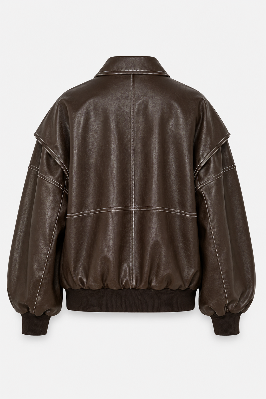 Women’s Oversized Leather-Look Bomber Jacket with Contrast Stitching and Zip Front – Relaxed Casual Streetwear Outerwear for Spring and Autumn
