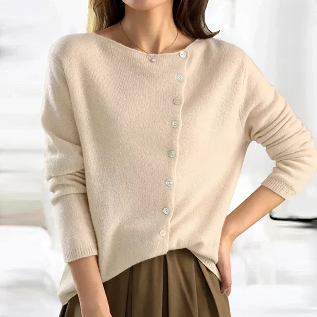 Women's Elegant Fine Knit Cardigan – Classic Round Neck Button-Up Sweater with Long Sleeves for Smart Casual Wear