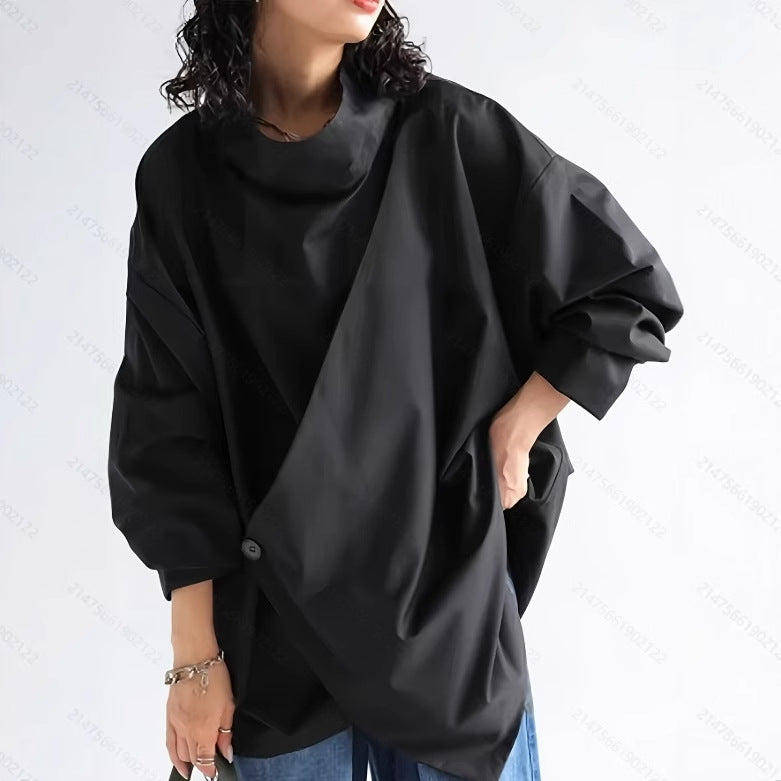 Women's Elegant Asymmetric High Neck Blouse with Draped Wrap Front – Relaxed Long Sleeve Top for Office and Contemporary Smart Casual Wear