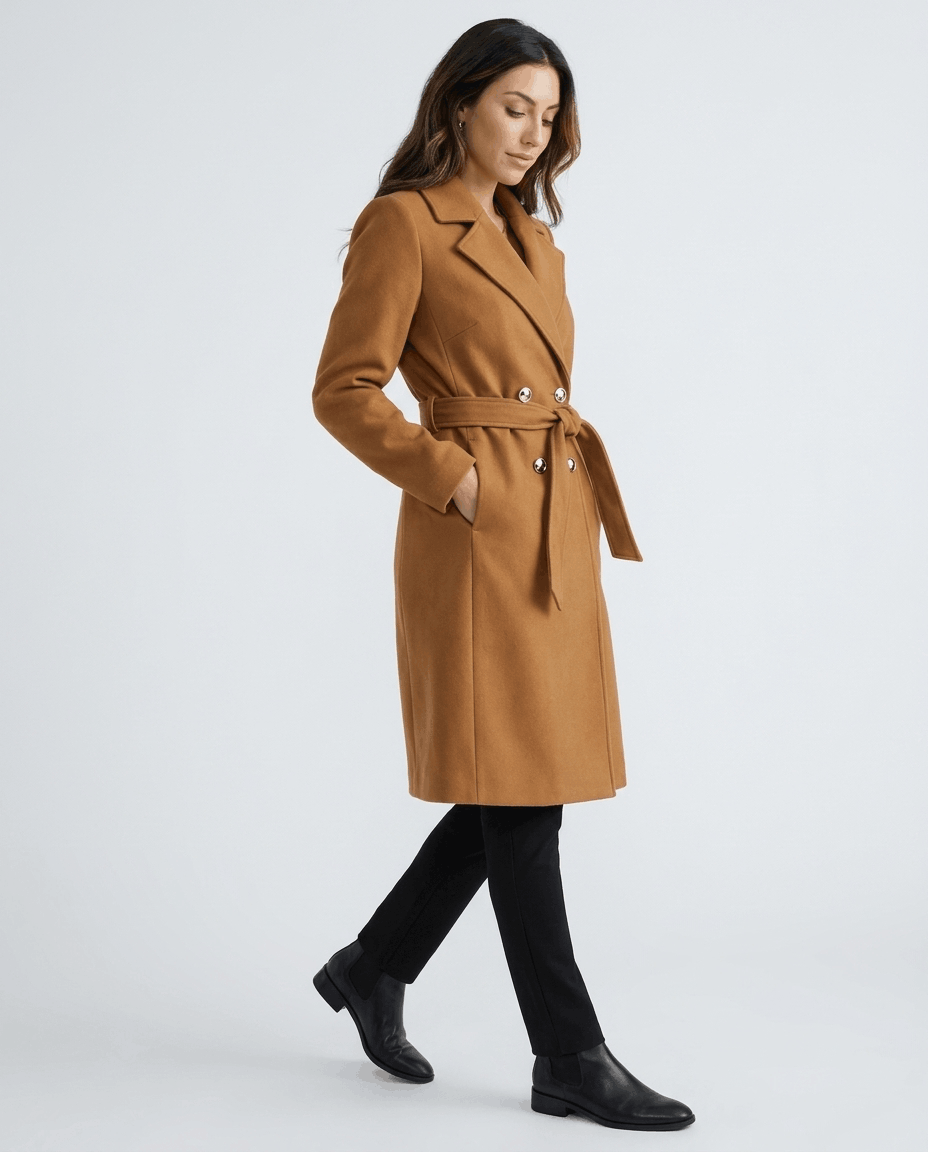 Belted Wool Trench Coat for Women – Tailored Fit, Lapel Collar & Long Sleeves | Lilian