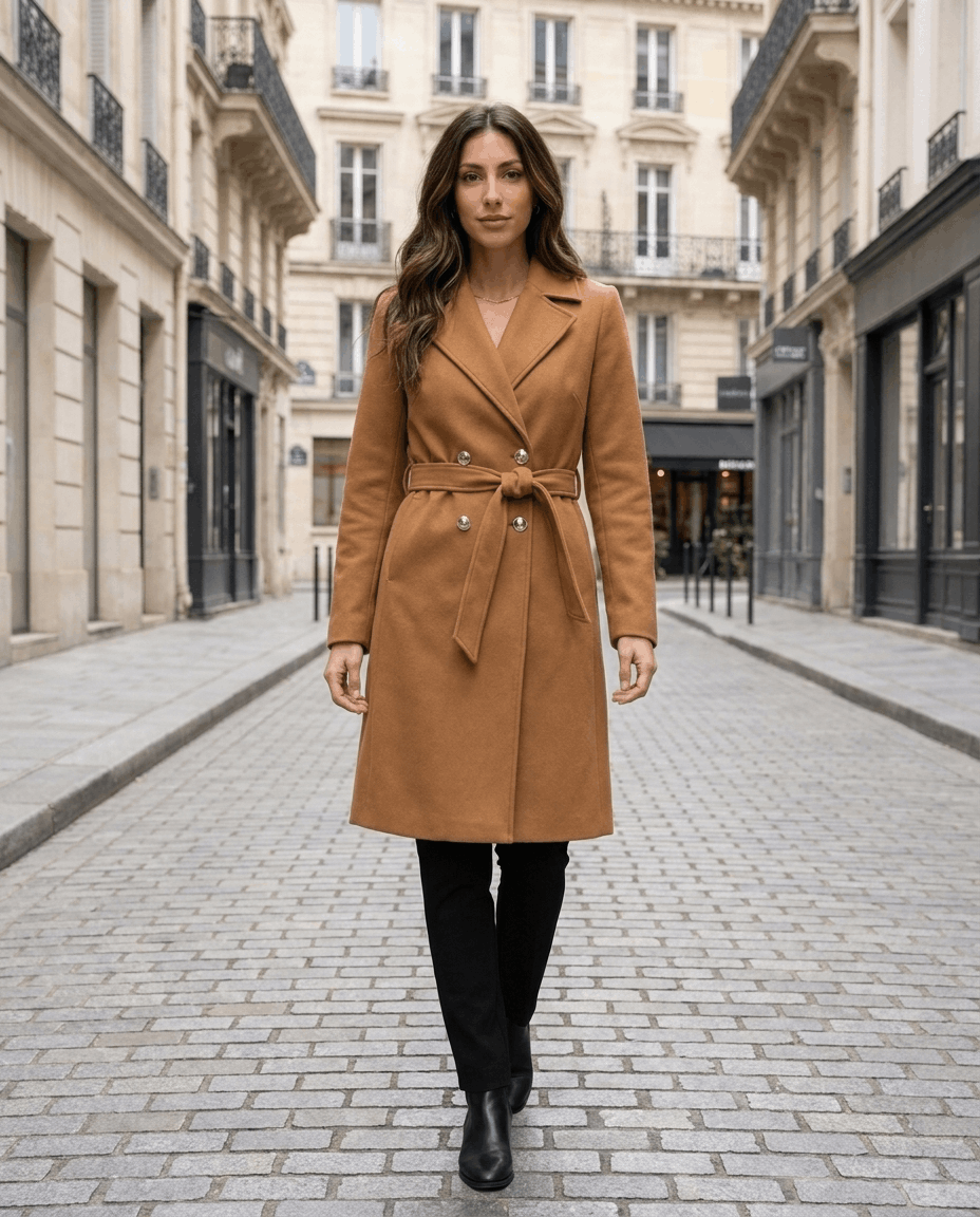 Belted Wool Trench Coat for Women – Tailored Fit, Lapel Collar & Long Sleeves | Lilian