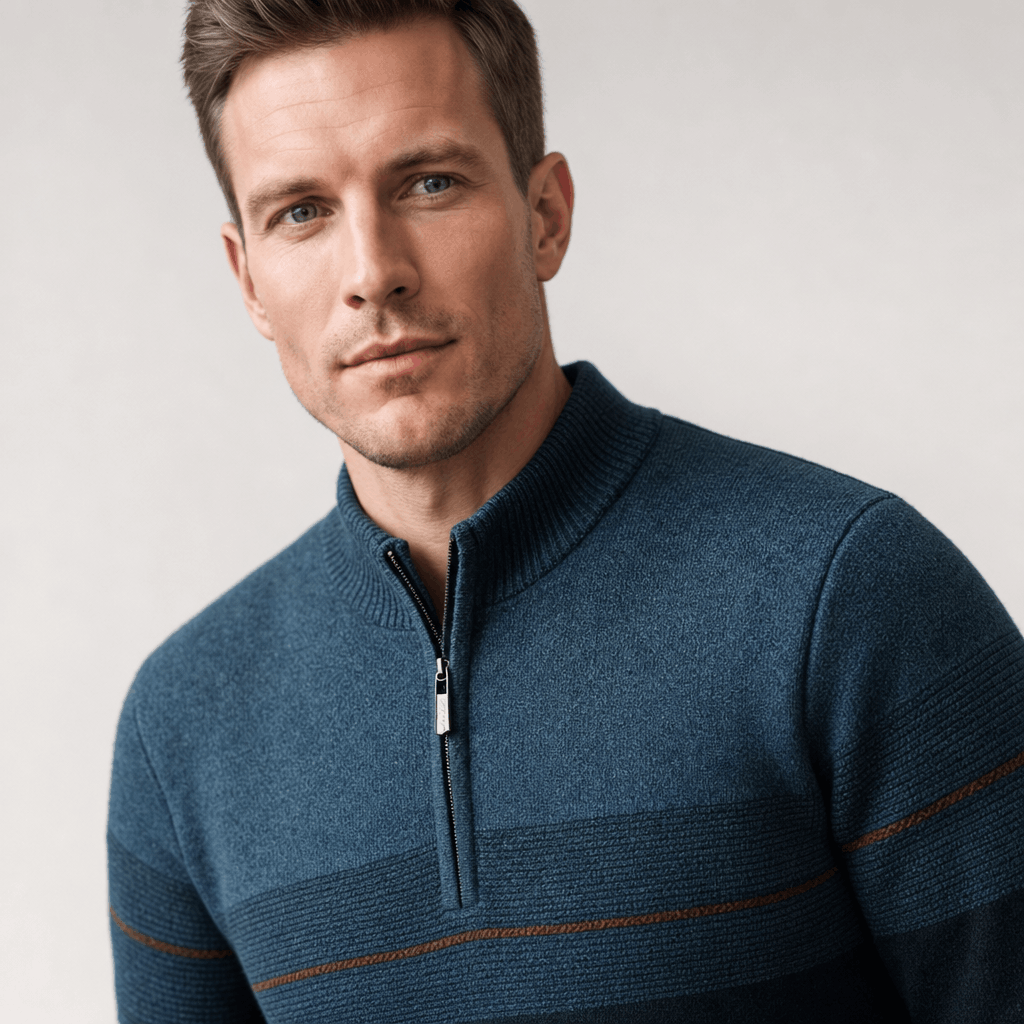 Bennett Color Block Quarter Zip Sweater – Mock Neck Tonal Stripe Ribbed Trim Layering Pullover