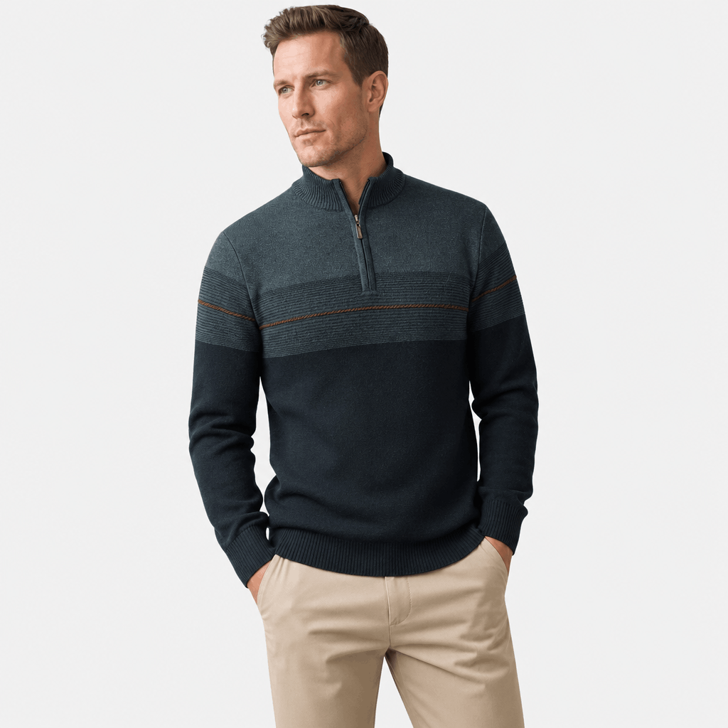 Bennett Color Block Quarter Zip Sweater – Mock Neck Tonal Stripe Ribbed Trim Layering Pullover