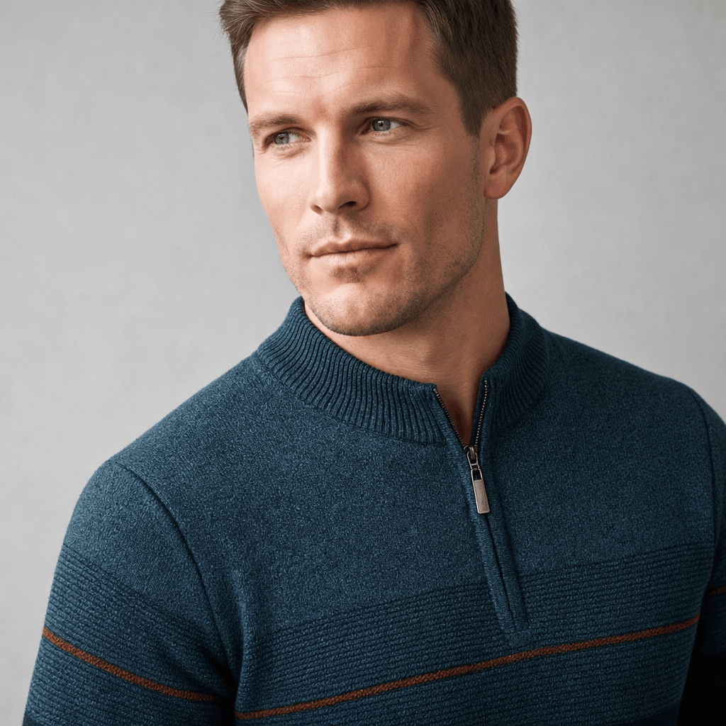Bennett Color Block Quarter Zip Sweater – Mock Neck Tonal Stripe Ribbed Trim Layering Pullover