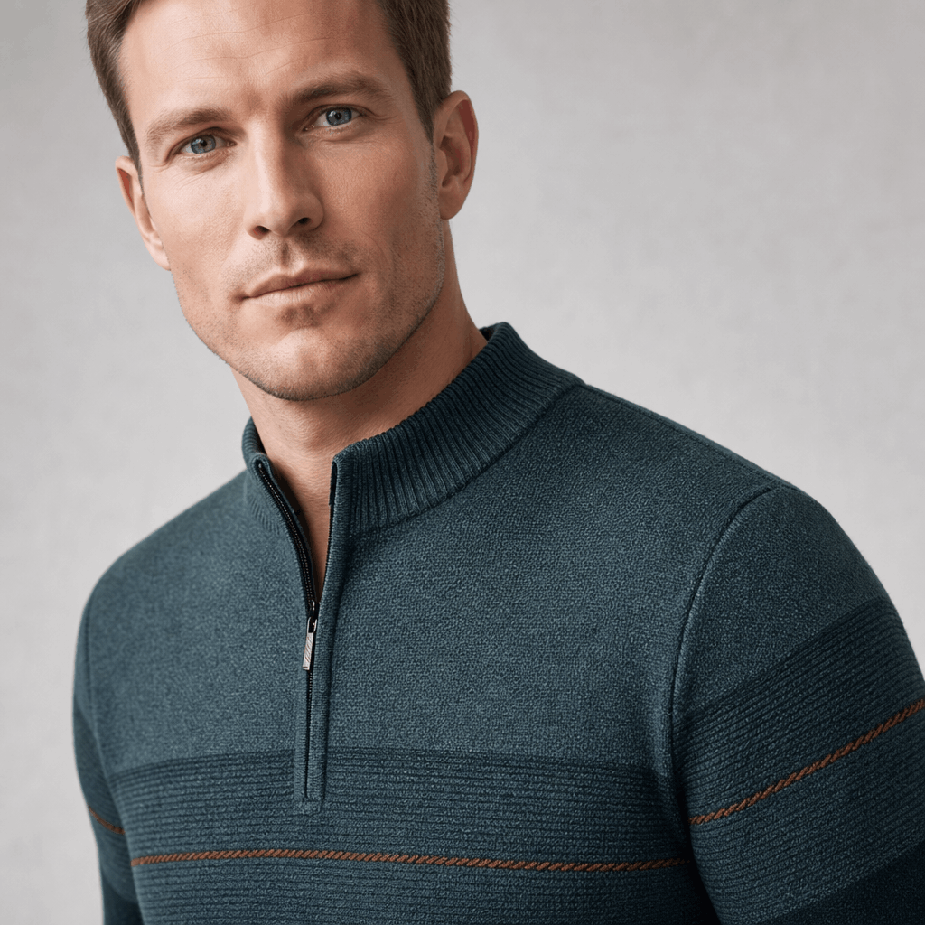 Bennett Color Block Quarter Zip Sweater – Mock Neck Tonal Stripe Ribbed Trim Layering Pullover