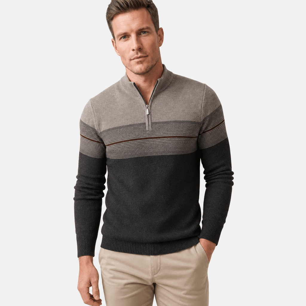Bennett Color Block Quarter Zip Sweater – Mock Neck Tonal Stripe Ribbed Trim Layering Pullover