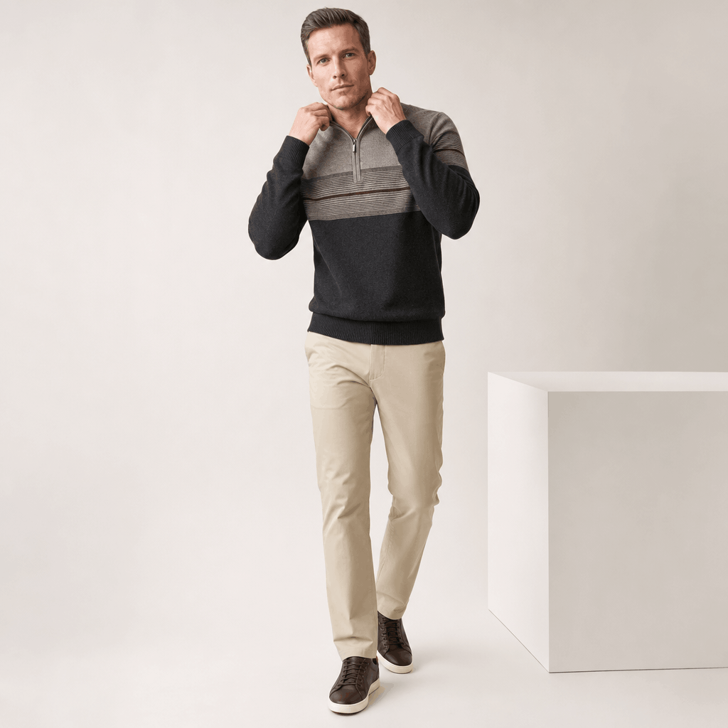 Bennett Color Block Quarter Zip Sweater – Mock Neck Tonal Stripe Ribbed Trim Layering Pullover