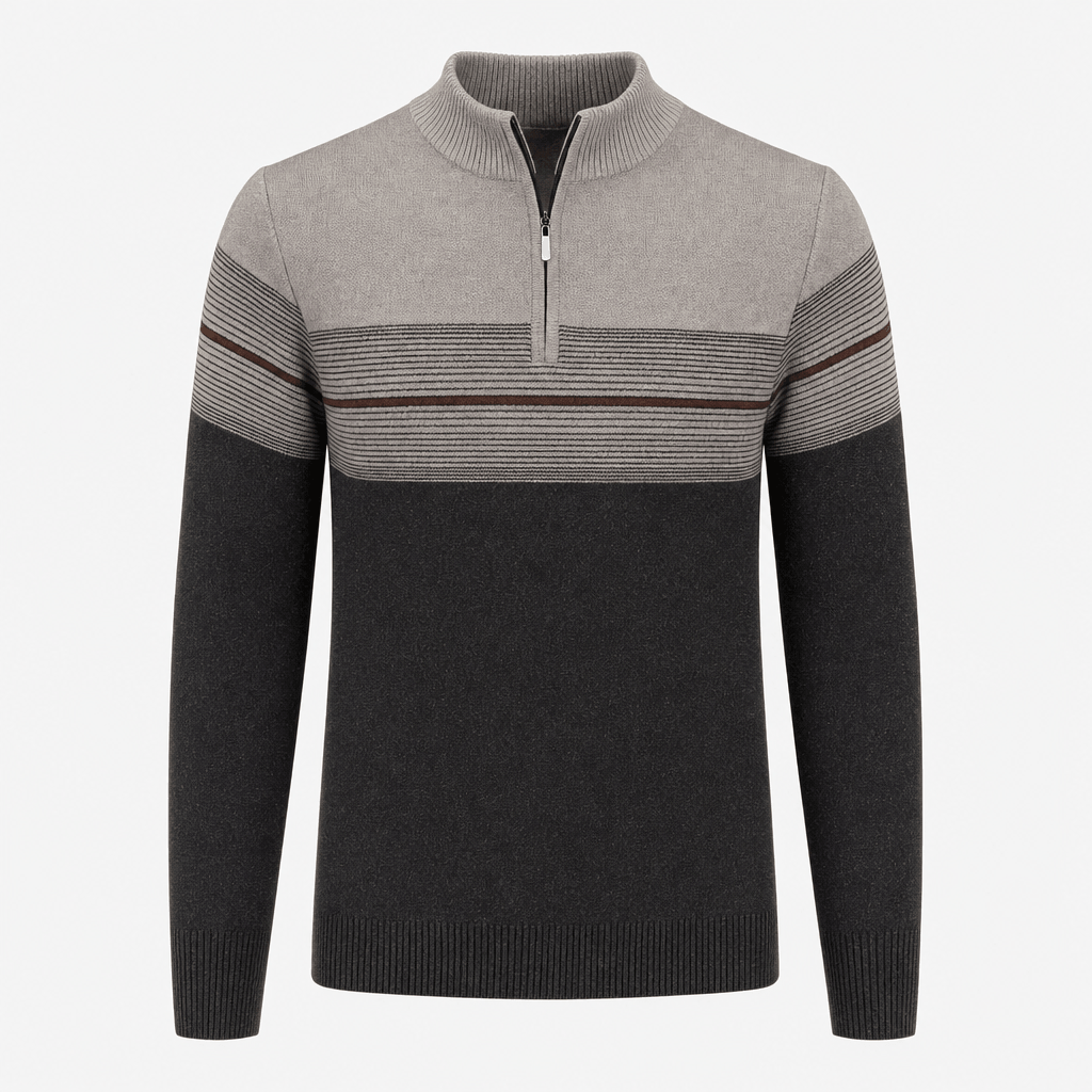 Bennett Color Block Quarter Zip Sweater – Mock Neck Tonal Stripe Ribbed Trim Layering Pullover