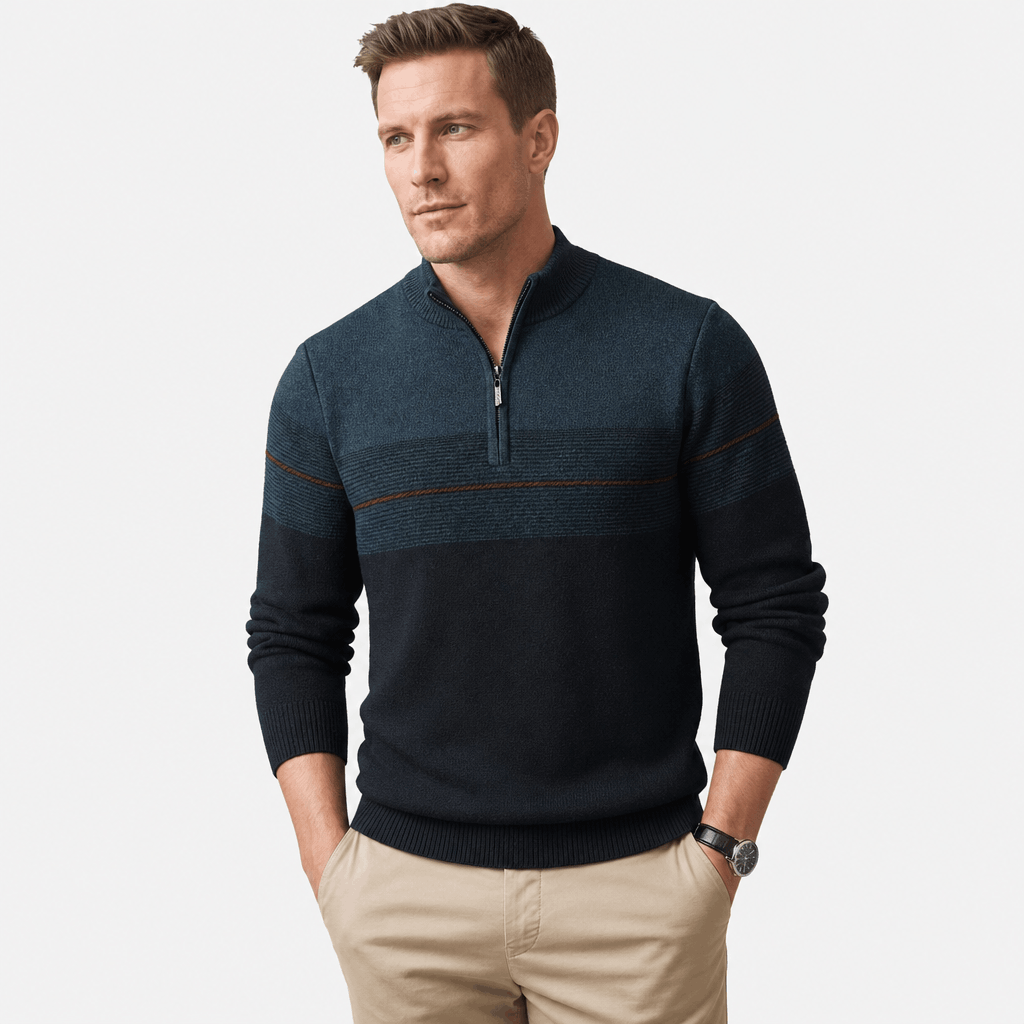 Bennett Color Block Quarter Zip Sweater – Mock Neck Tonal Stripe Ribbed Trim Layering Pullover