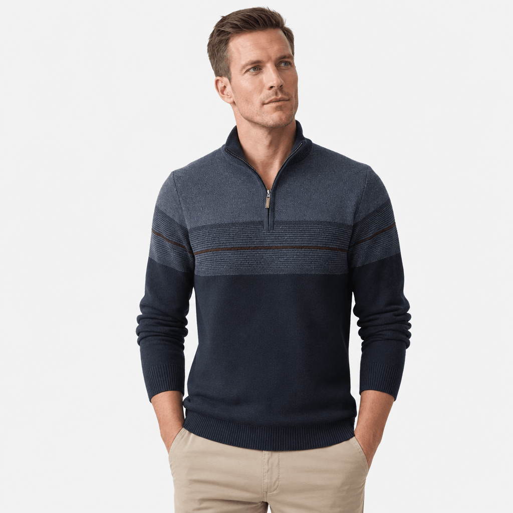Bennett Color Block Quarter Zip Sweater – Mock Neck Tonal Stripe Ribbed Trim Layering Pullover