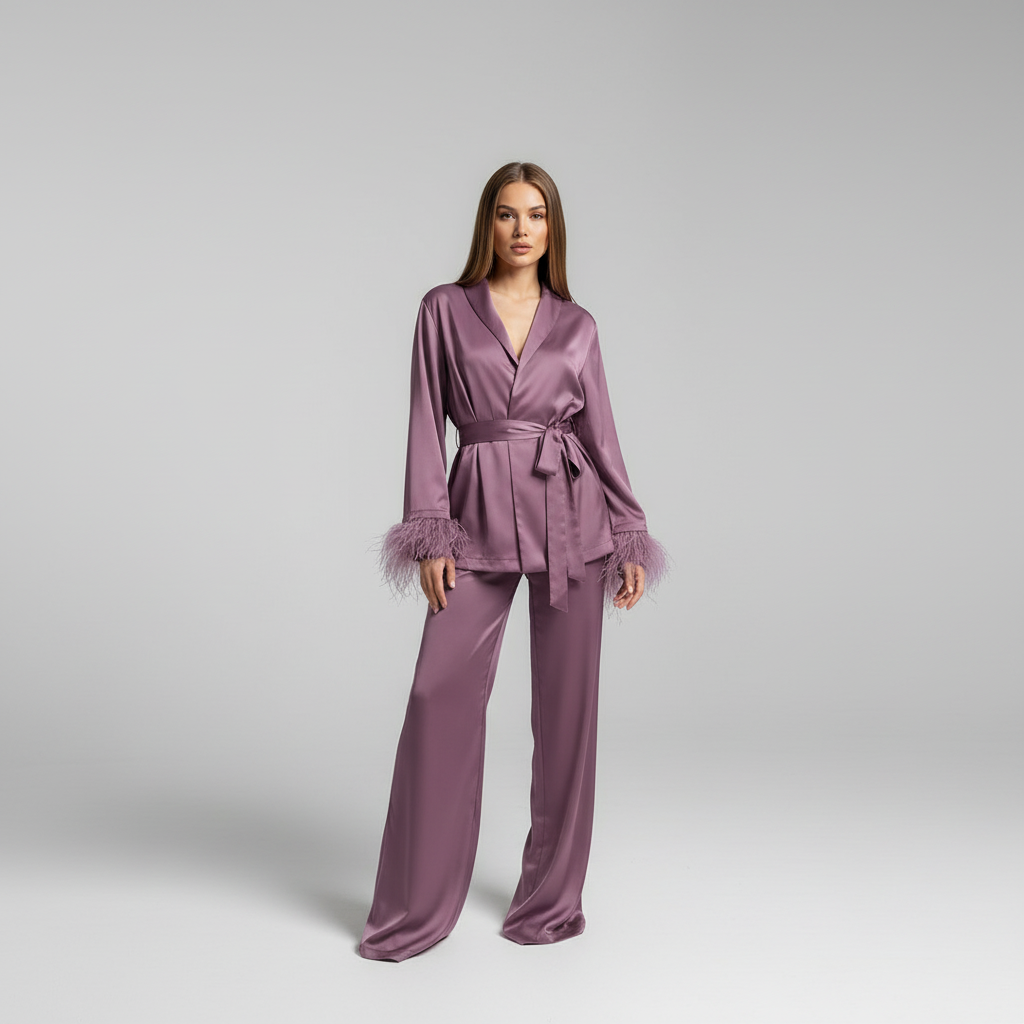 Women's Satin Wrap Top & Trousers Set with Feather Cuffs