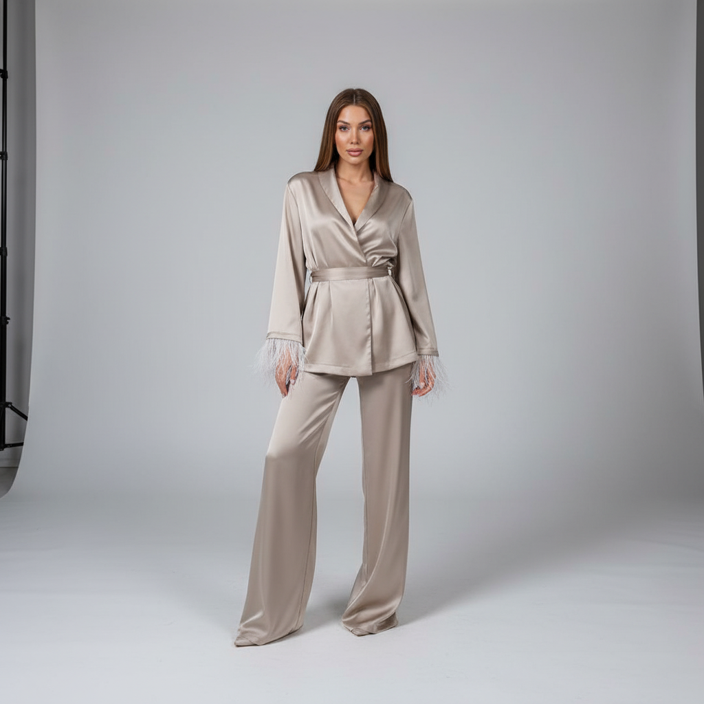Women's Satin Wrap Top & Trousers Set with Feather Cuffs