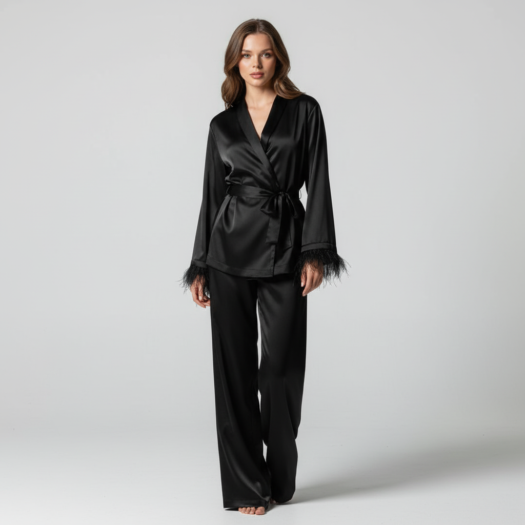 Women's Satin Wrap Top & Trousers Set with Feather Cuffs